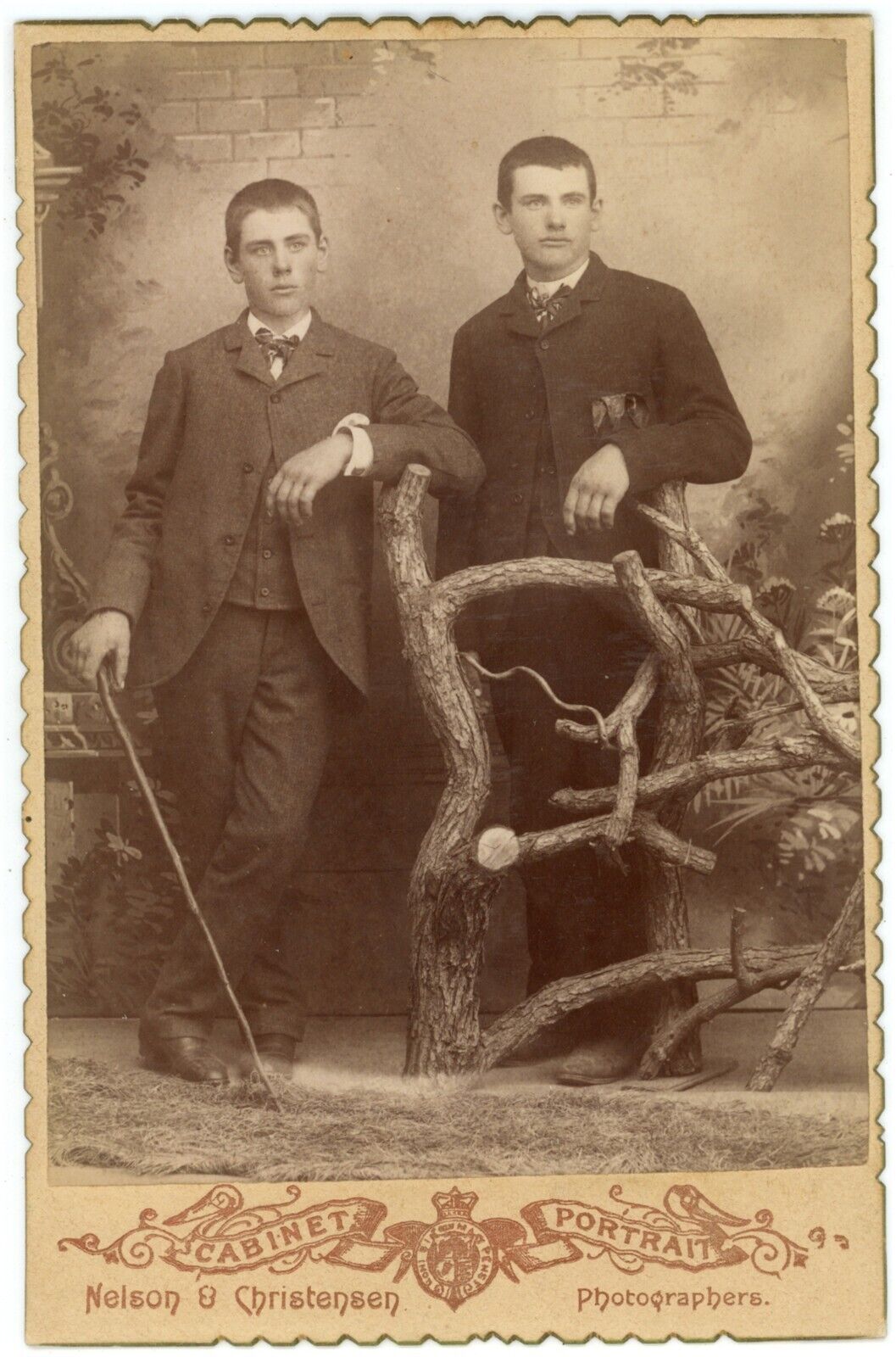 CIRCA 1890 Dated CABINET CARD With 2 Handsome Young Men & Walking Stick Posing