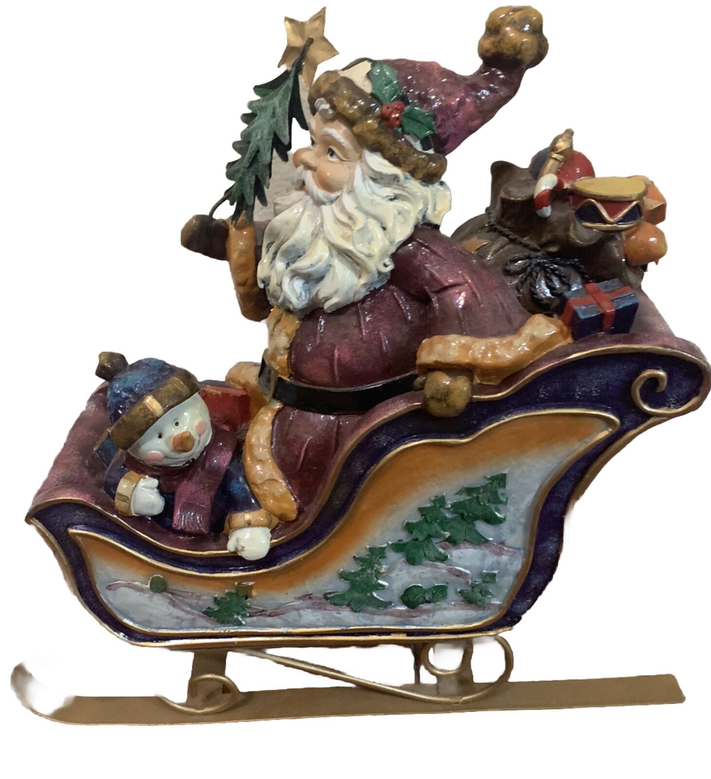 Vintage Holiday Christmas Santa On Sled With Snowman decor  Sleigh Figurine