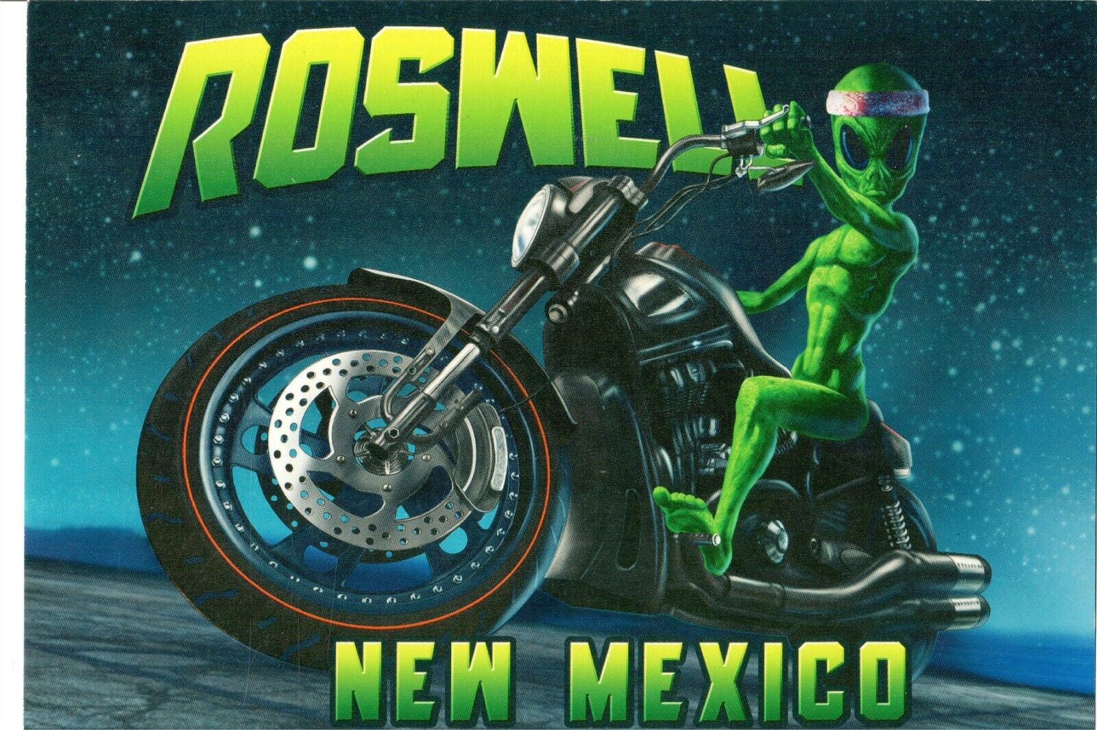 NEW 4x6 Postcard New Mexico Roswell alien on a motorcycle outer space Unposted