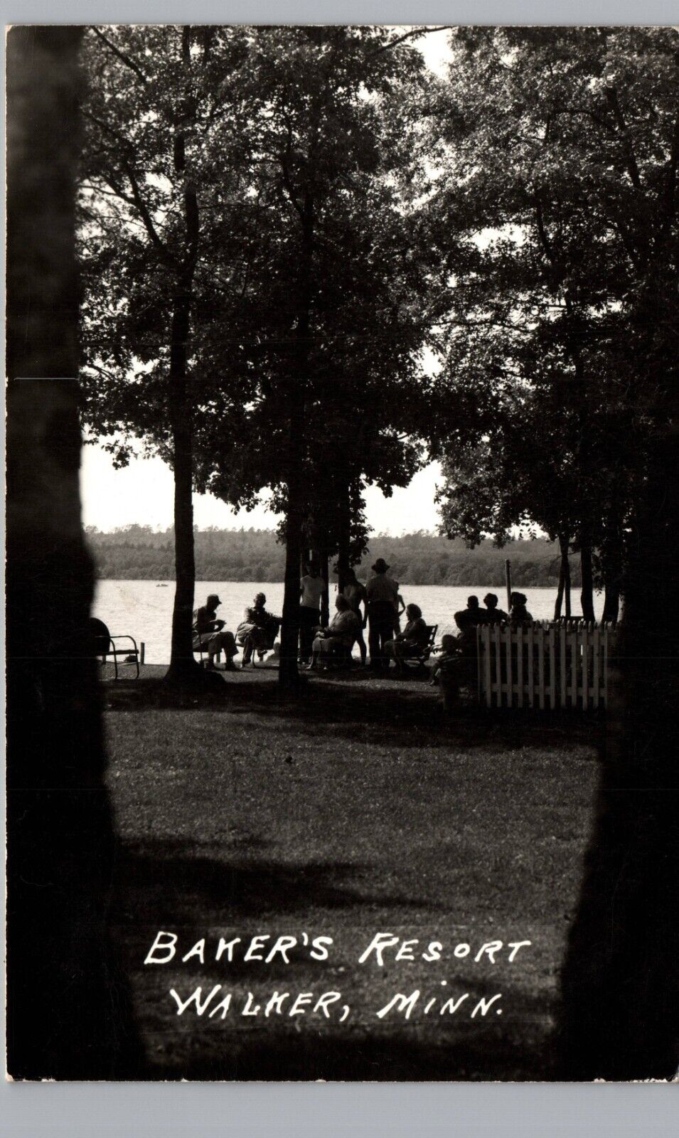WALKER MN BAKER\'S RESORT real photo postcard rppc minnesota lake picnic party