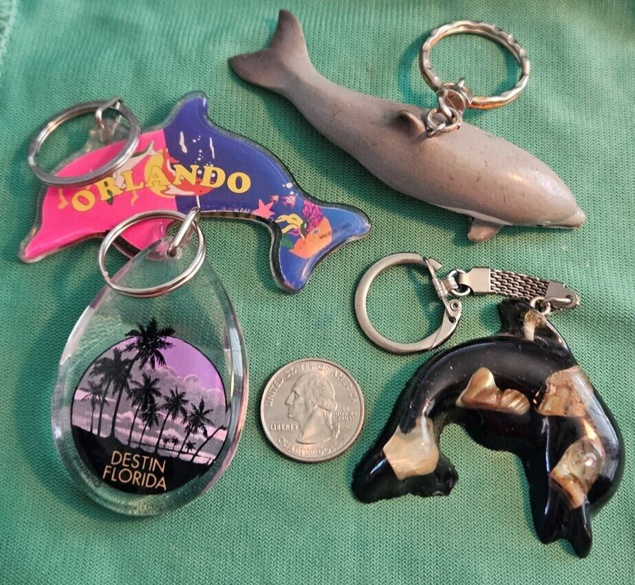 Lot of 4 Destin Florida Palm Trees, Dolphins, Orlando, Souvenir Keychains/rings