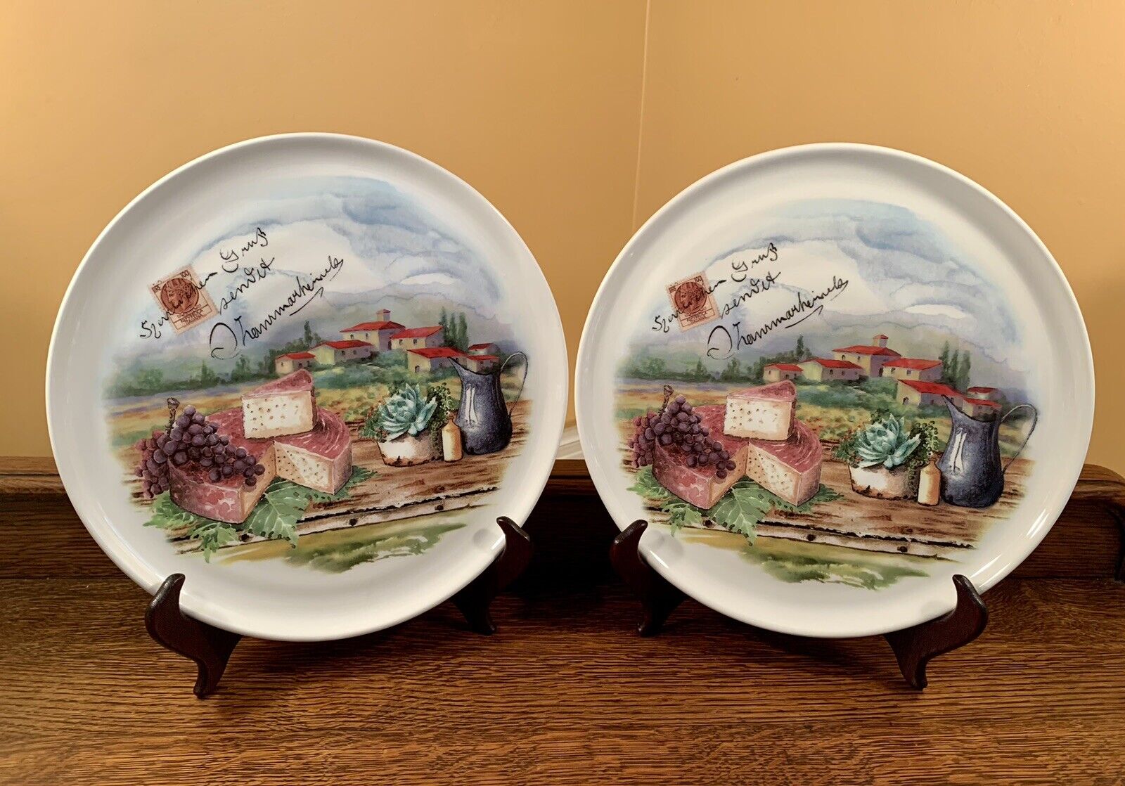 Lot Of 2 Ceramica Cuore VINEYARD 11” Dinner Plates: Grapes Cheese Italian Villa