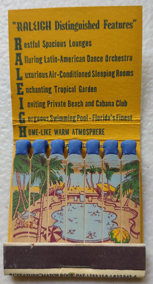 Vintage Feature Matchbook The Raleigh Hotel Miami Beach, FL