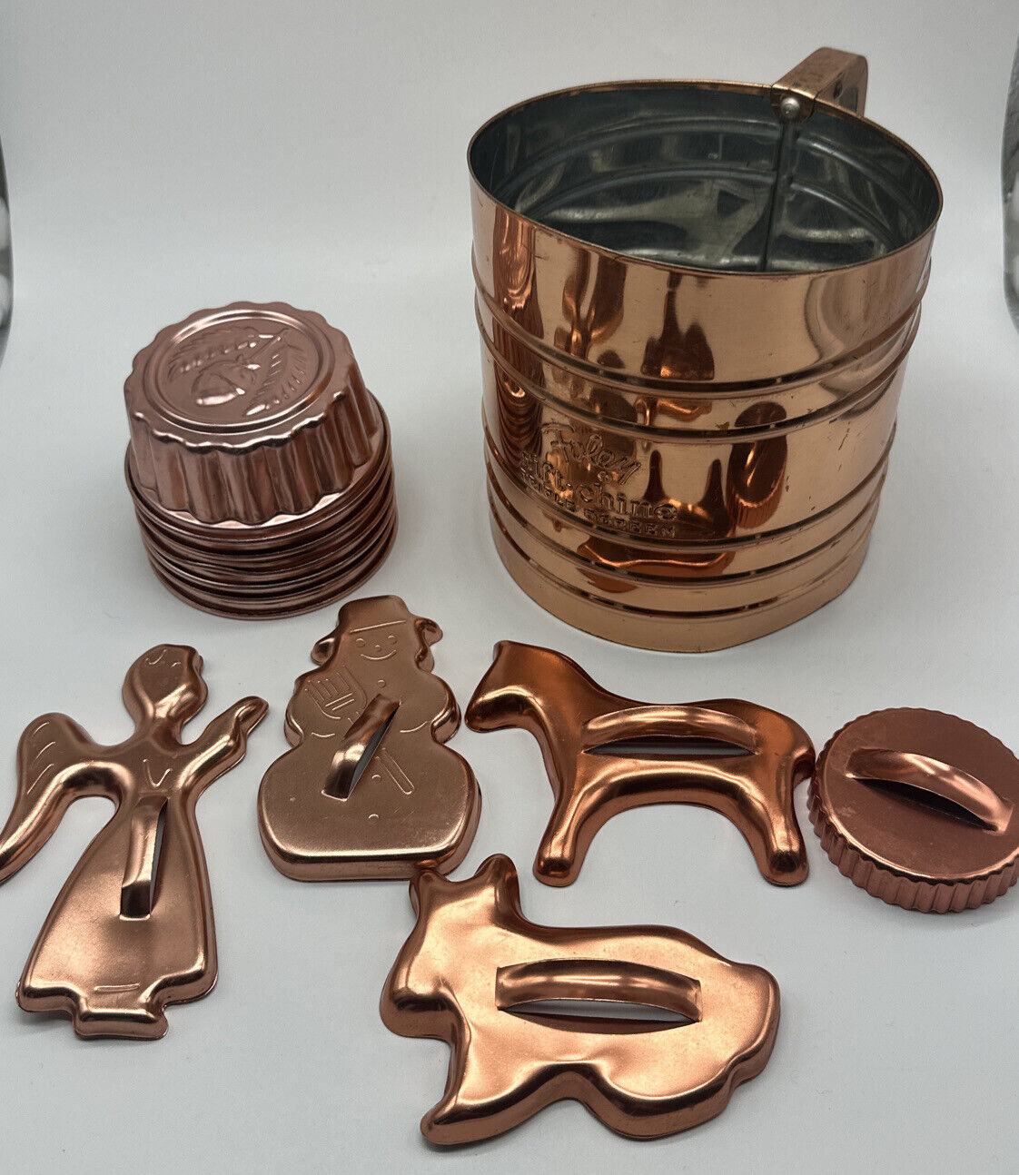Vintage Copper Kitchen Gift Set-Foley Sifter, 6 Mini Tart Pans, 5 Cookie Cutters