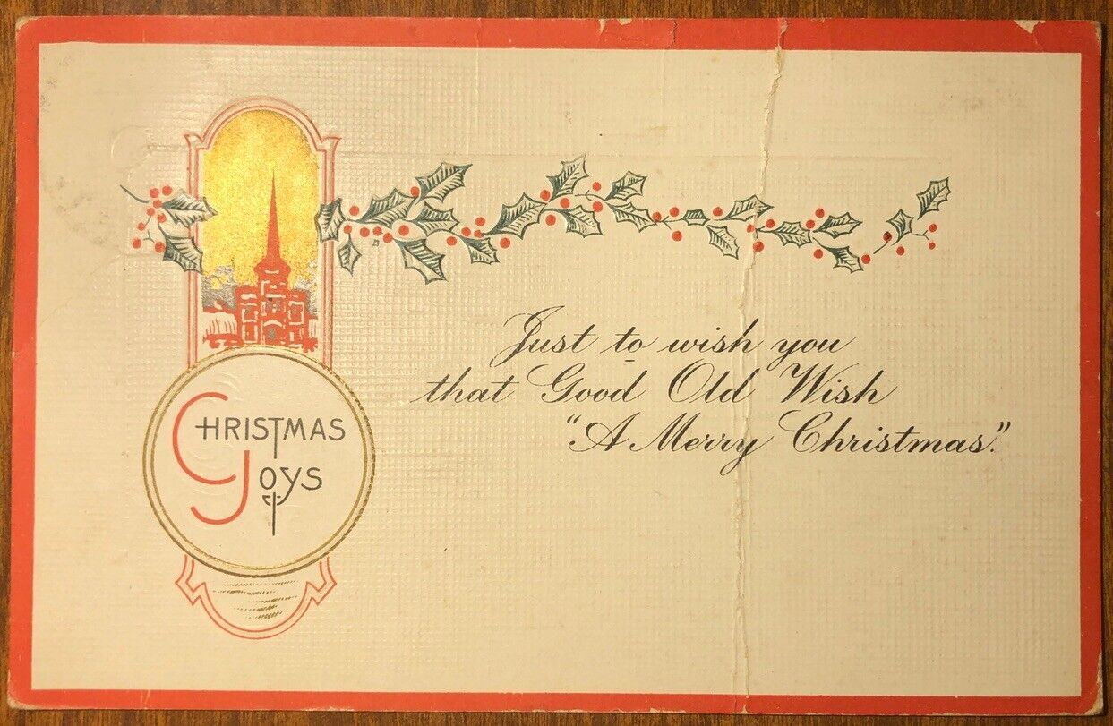 Verse Wishing That Good Old Wish: Merry Xmas Embossed Postcard Postmarked 1916