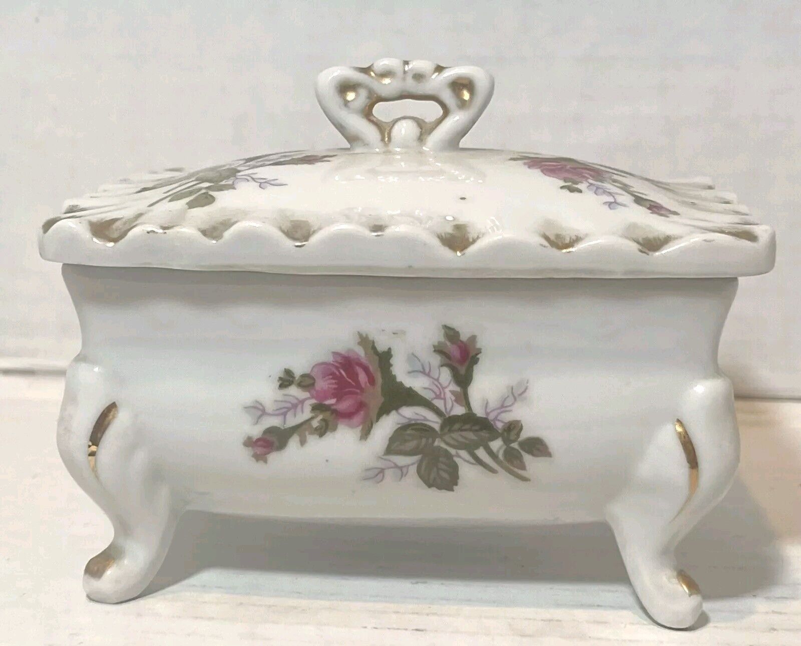Vintage Porcelain Covered Trinket Dish Footed Red Rose Blossom Design