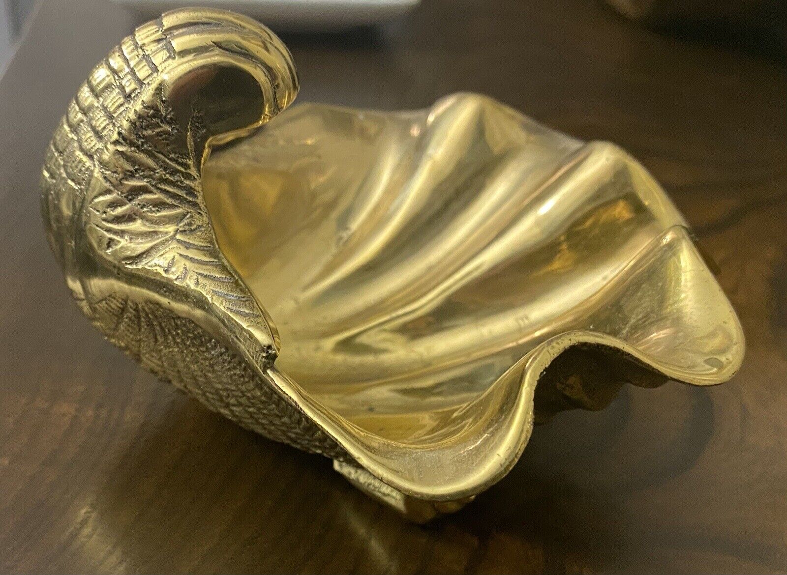 Vintage Mid Century Solid Brass Clam Conch Shell Footed Dish