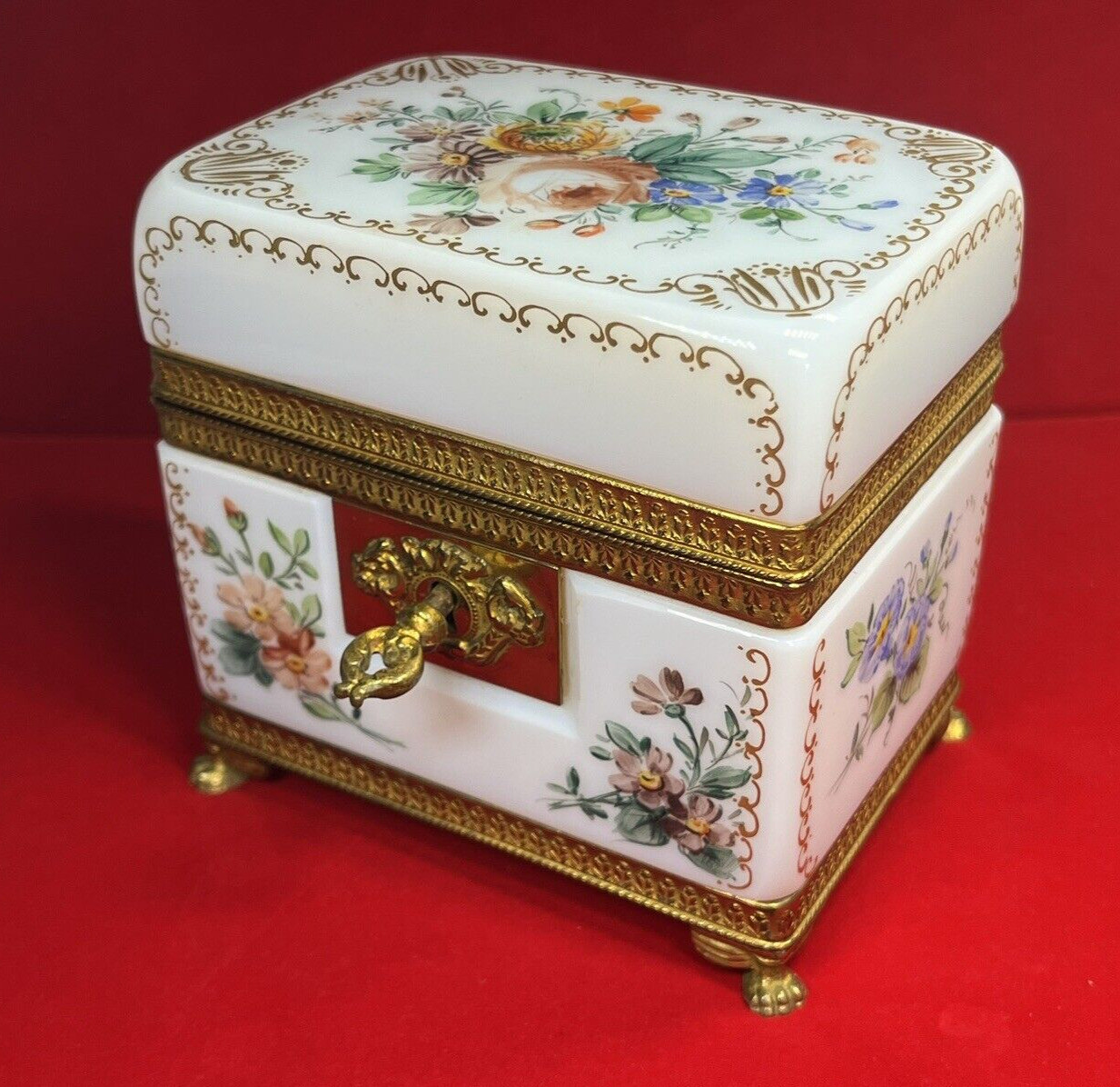 Antique French 19th C. Enameled Opaline Glass Bronze Mount Hinged Casket Box