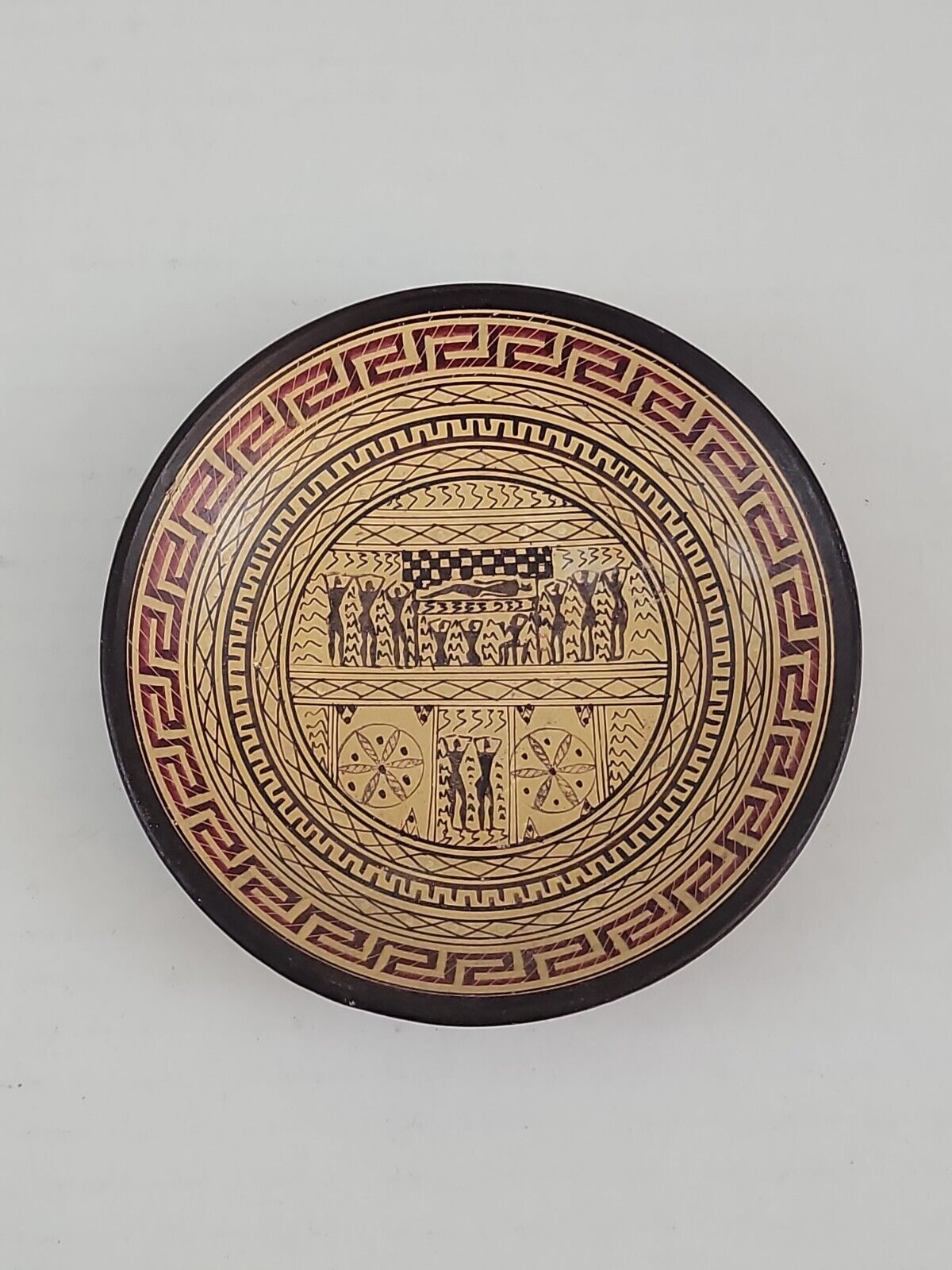 Vintage 4.5 inch Greek Hand made and Painted Ceramic Plate Geometric Amphora 