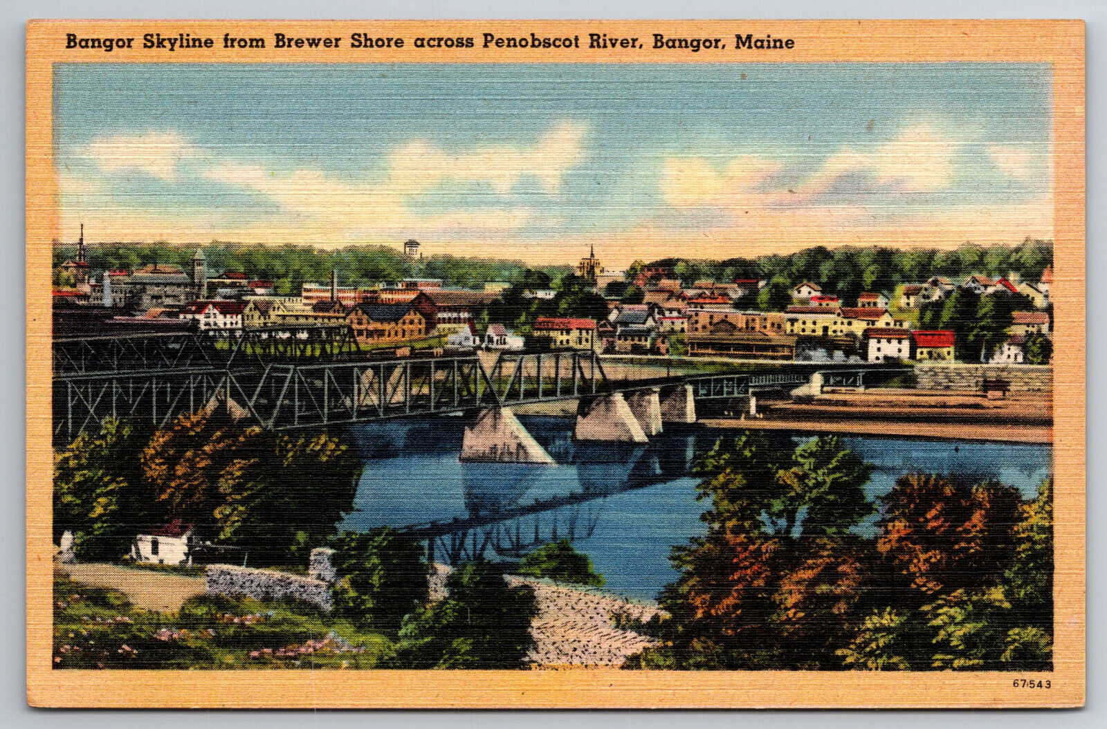 Vintage Postcard ME Bangor Skyline Brewer Shore Penobscot River Linen ~5601