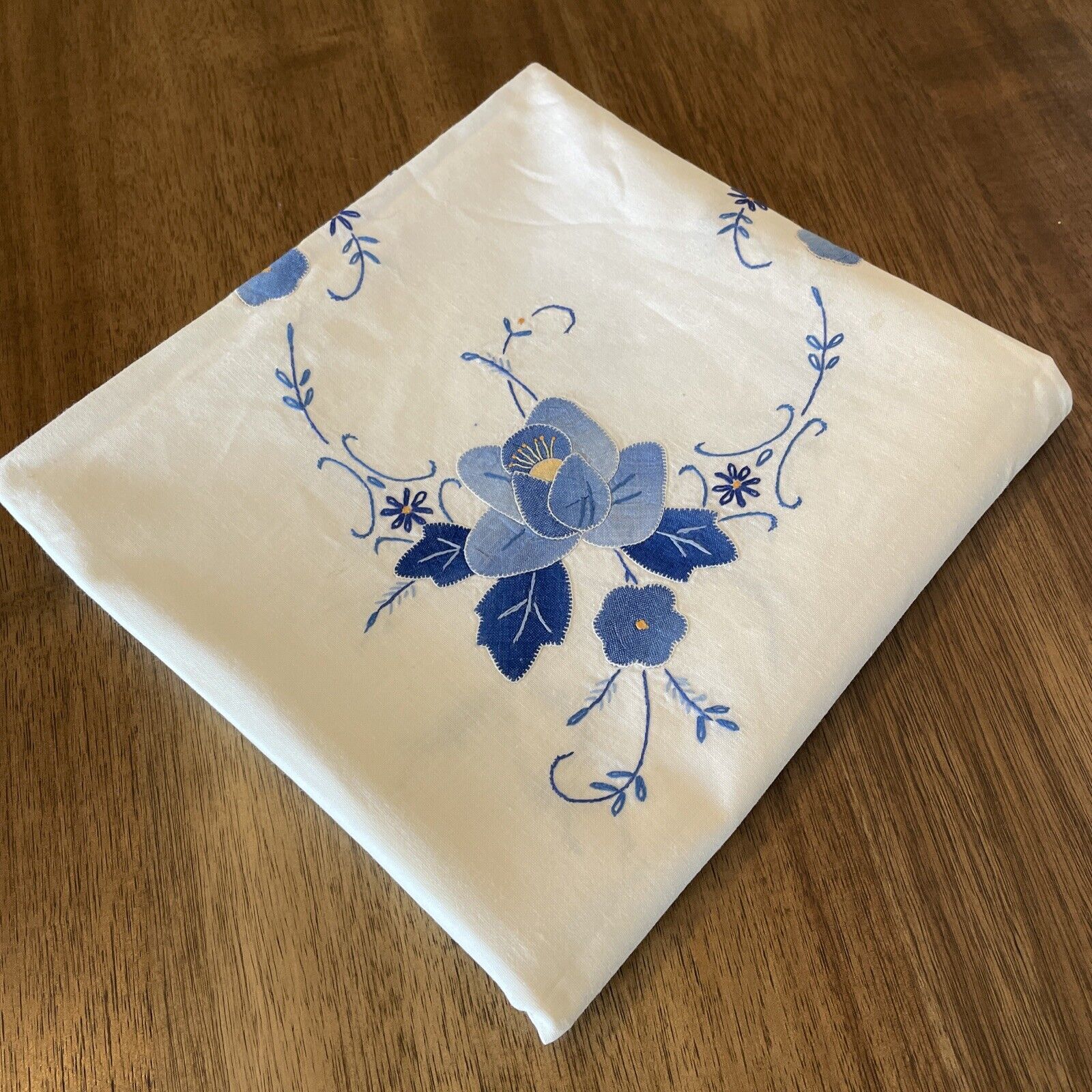 Hand Embroidered 32” x 32” Square White Cotton Tablecloth Blue Flowers~ Cute
