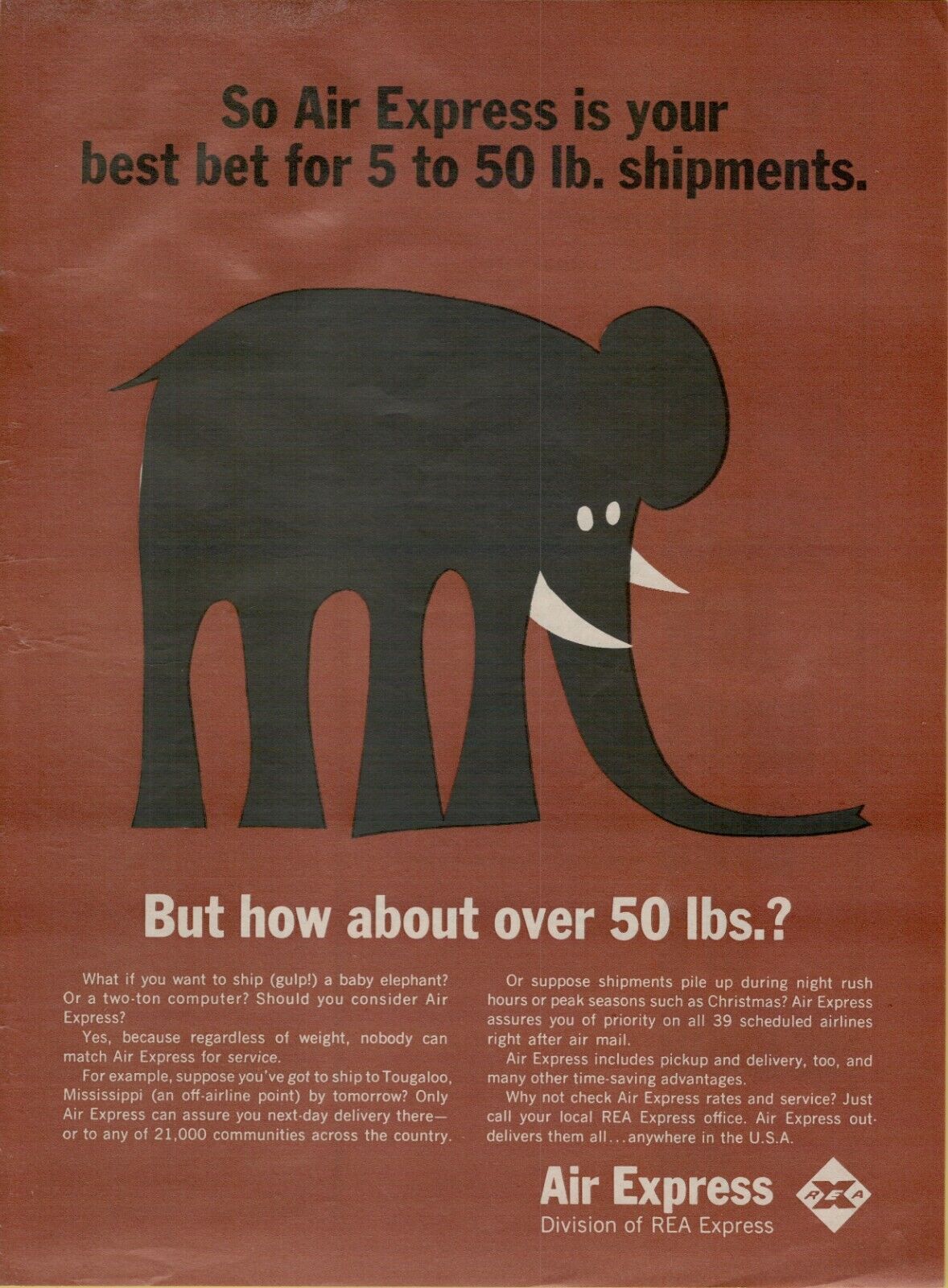 1966 Air Express Best Bet Over 50 lb Shipments Elephant VINTAGE PRINT AD
