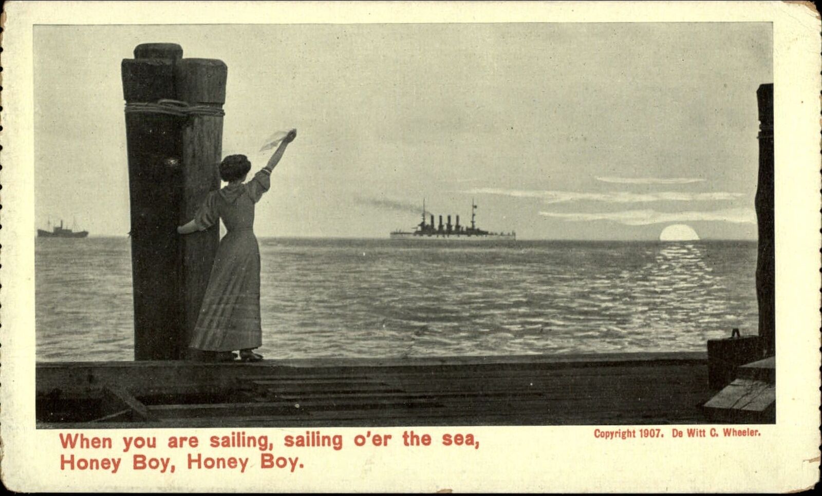 US Navy battleship~ Edwardian woman waving~ 1907 vintage postcard