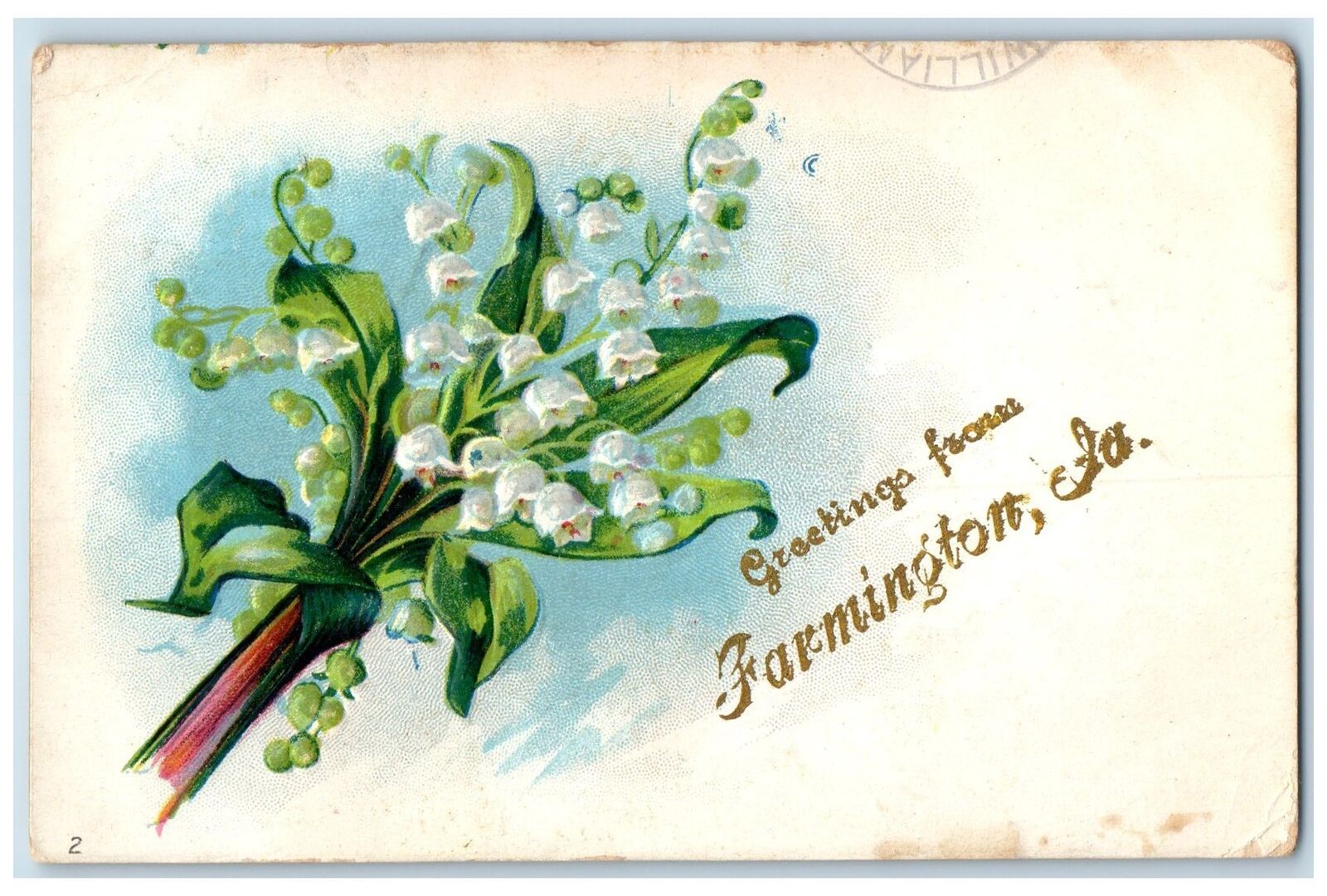 c1920's Greetings From  Farmington White Flowers & Green Leaf Iowa IA Postcard