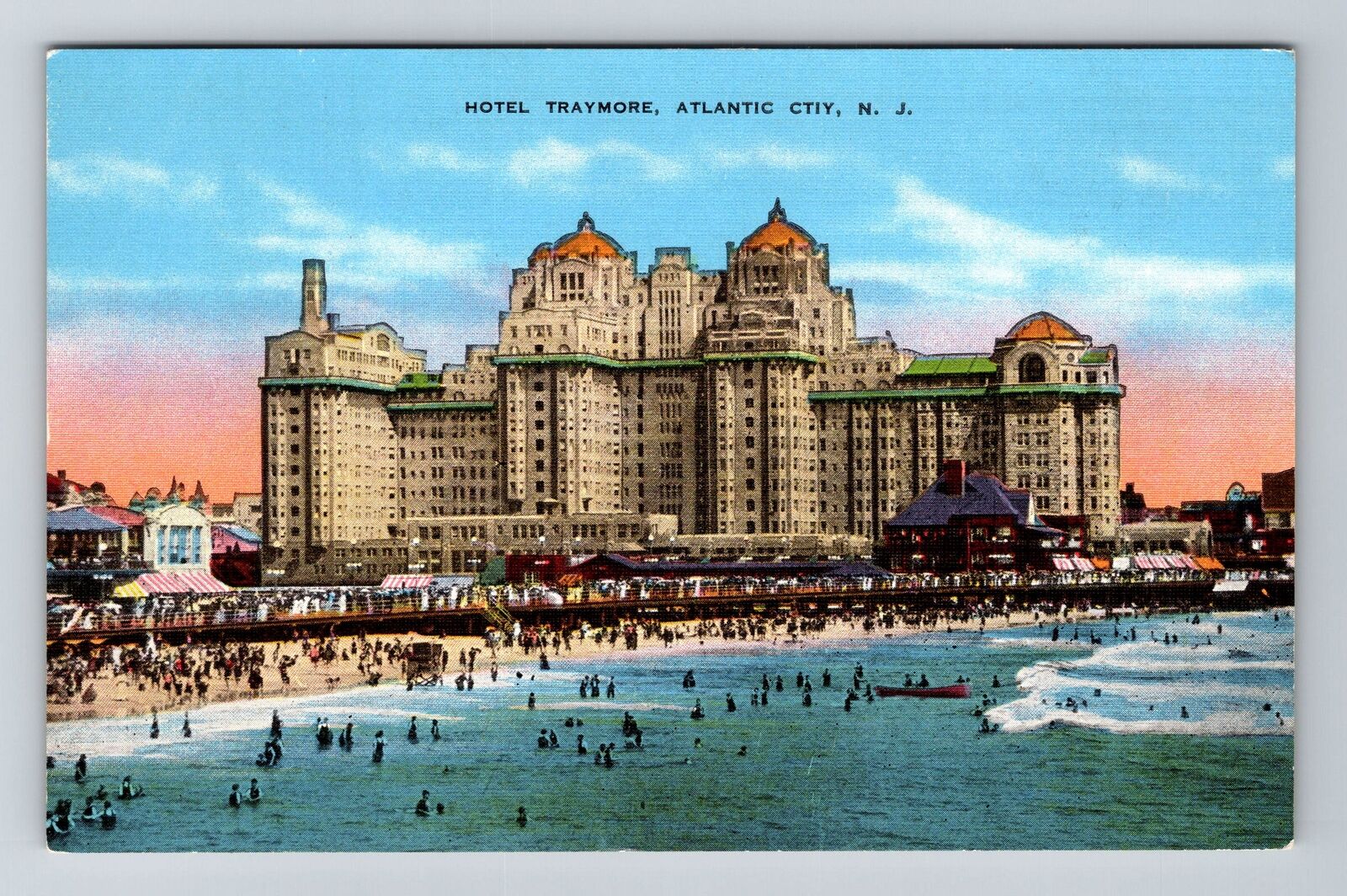 Atlantic City NJ-New Jersey, Hotel Traymore, Swimming, Beach, Vintage Postcard