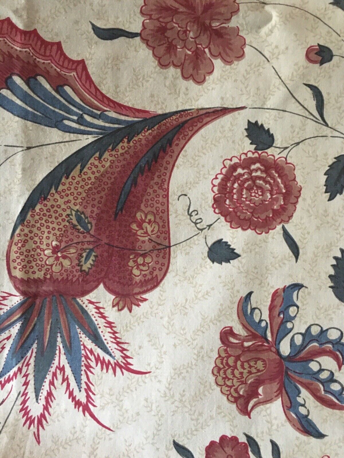 Beautiful Vintage French Indienne Palampore Floral Cotton Fabric ~ Red Blue