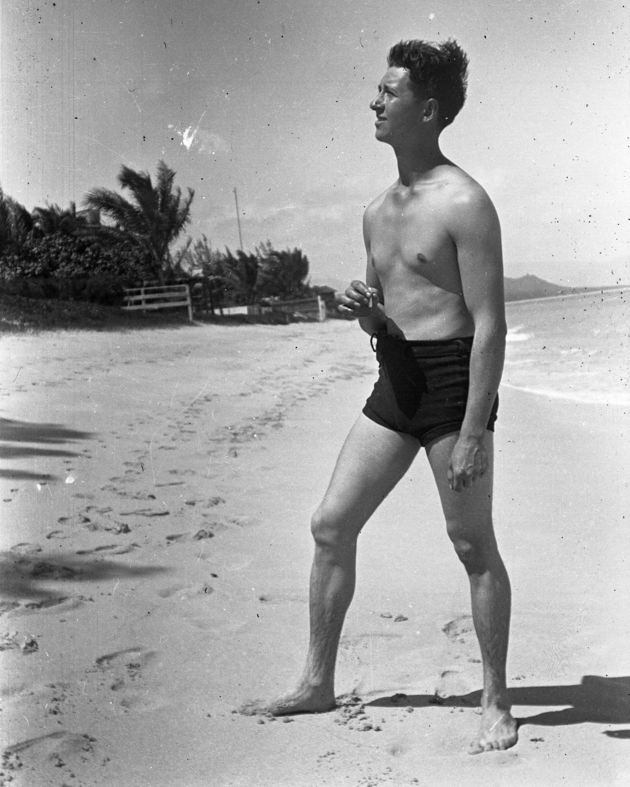 ORIGINAL VINTAGE NEGATIVE: Navy Sailor Waikiki Beach Speedo Shirtless 40\'s WW2