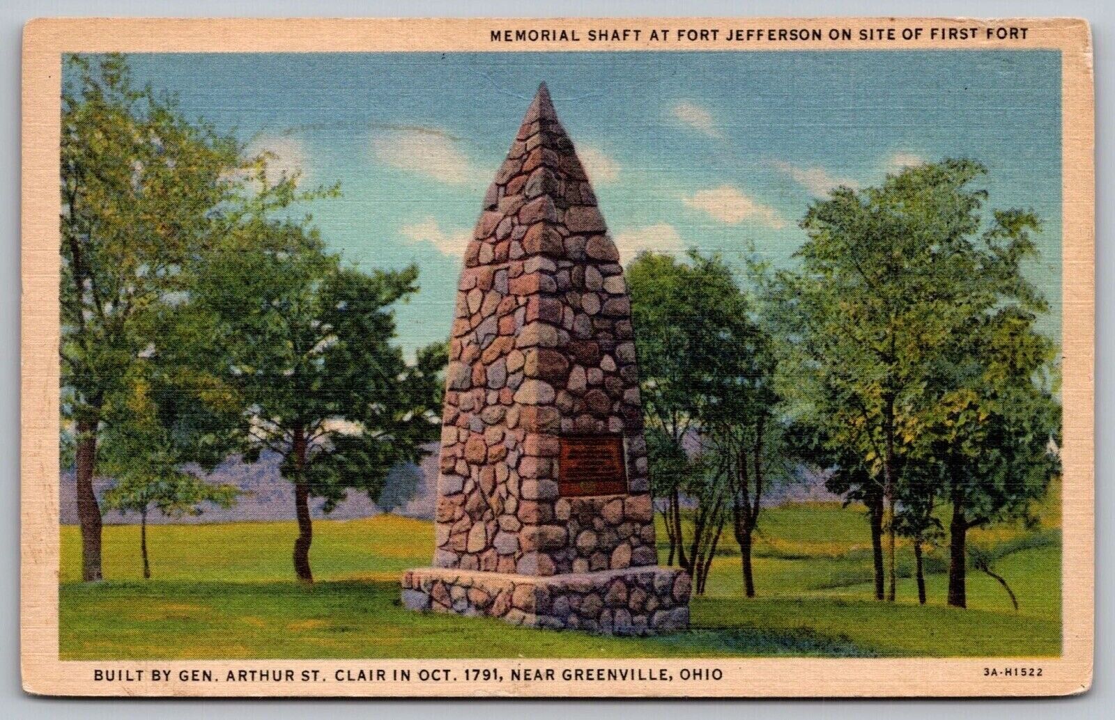 Memorial Shaft Jefferson Fort General Arthur Clair Greenville Vintage Postcard