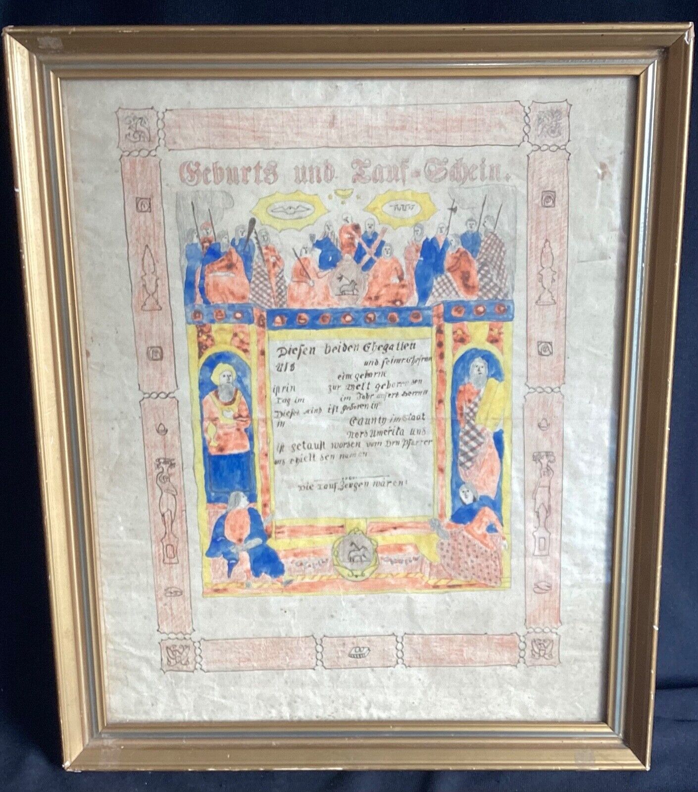 Antique Hand Drawn & Painted Certificate Illustrated Document PA German Fraktur