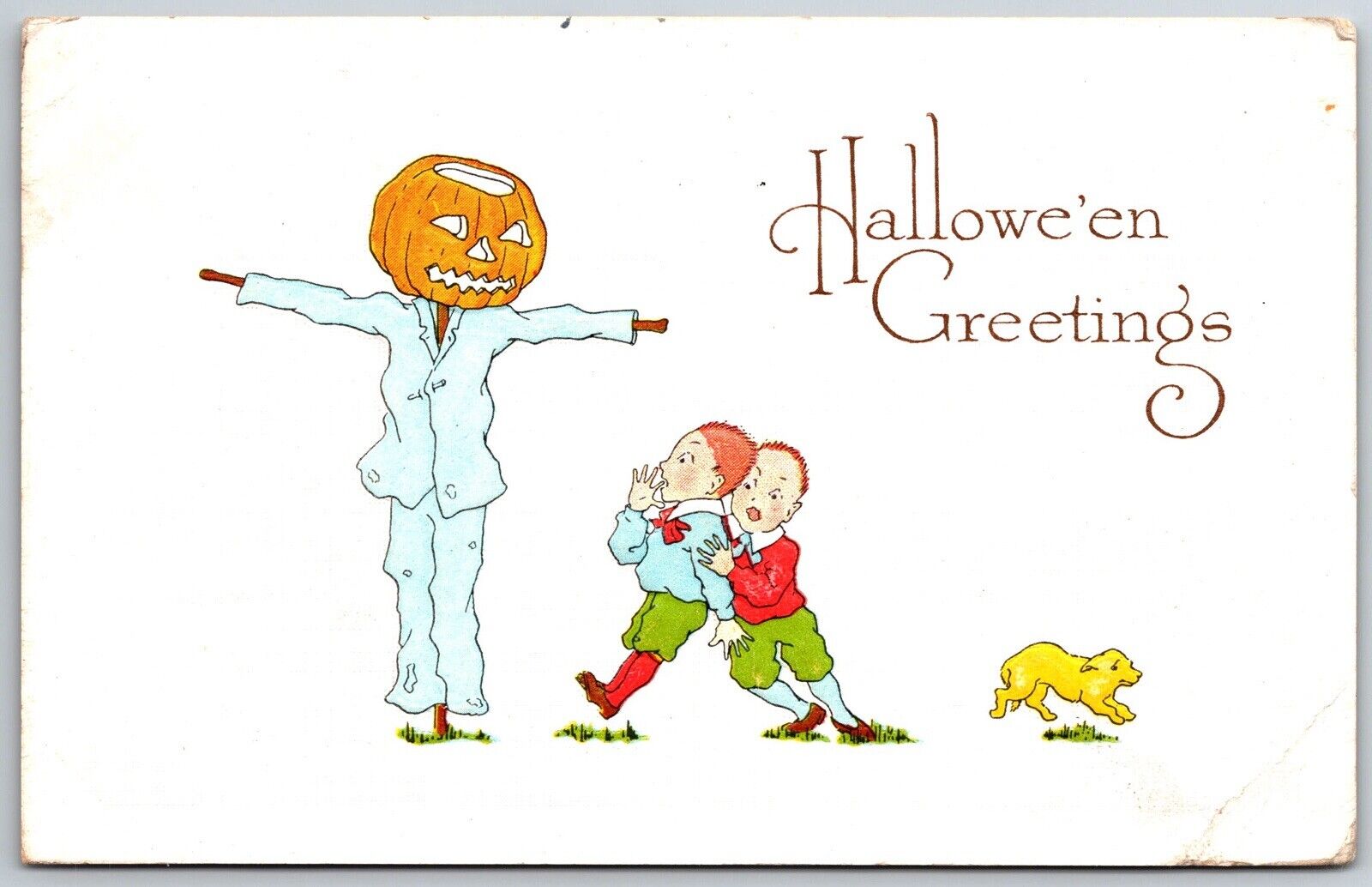 fairmont pink perfection halloween greetings vtg postcard scarecrow children dog