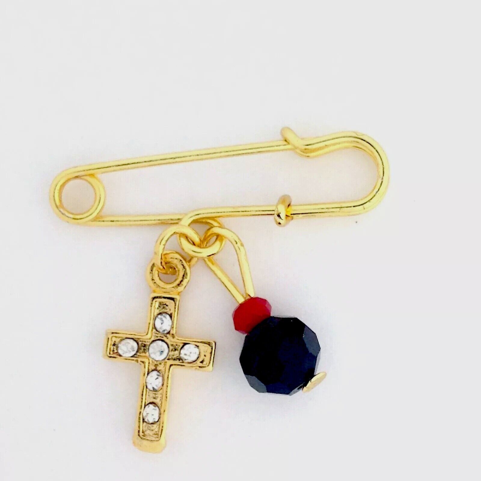 18k Gold Plated Cross Simulated Azabache Birth Gift Protection Baby Pin Brooch