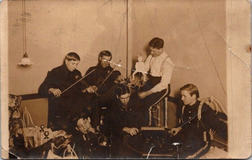 RPPC Postcard Members of Band Play Violins Trumpet Puppet Board Game       12478