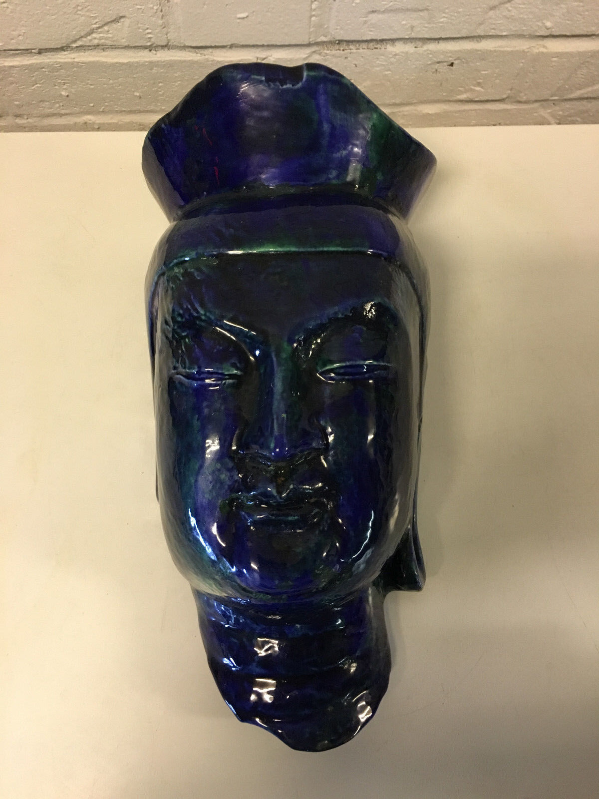 Unknown Age Asian Blue & Green Glaze Ceramic Guanyin or Buddha Head for Wall