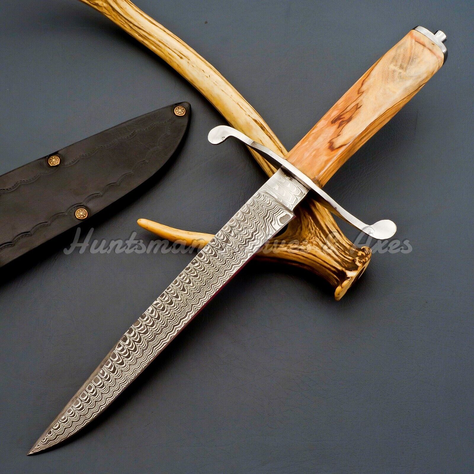 Custom Made Hand forged Damascus Steel Covington Bowie Special w/ riveted Sheath