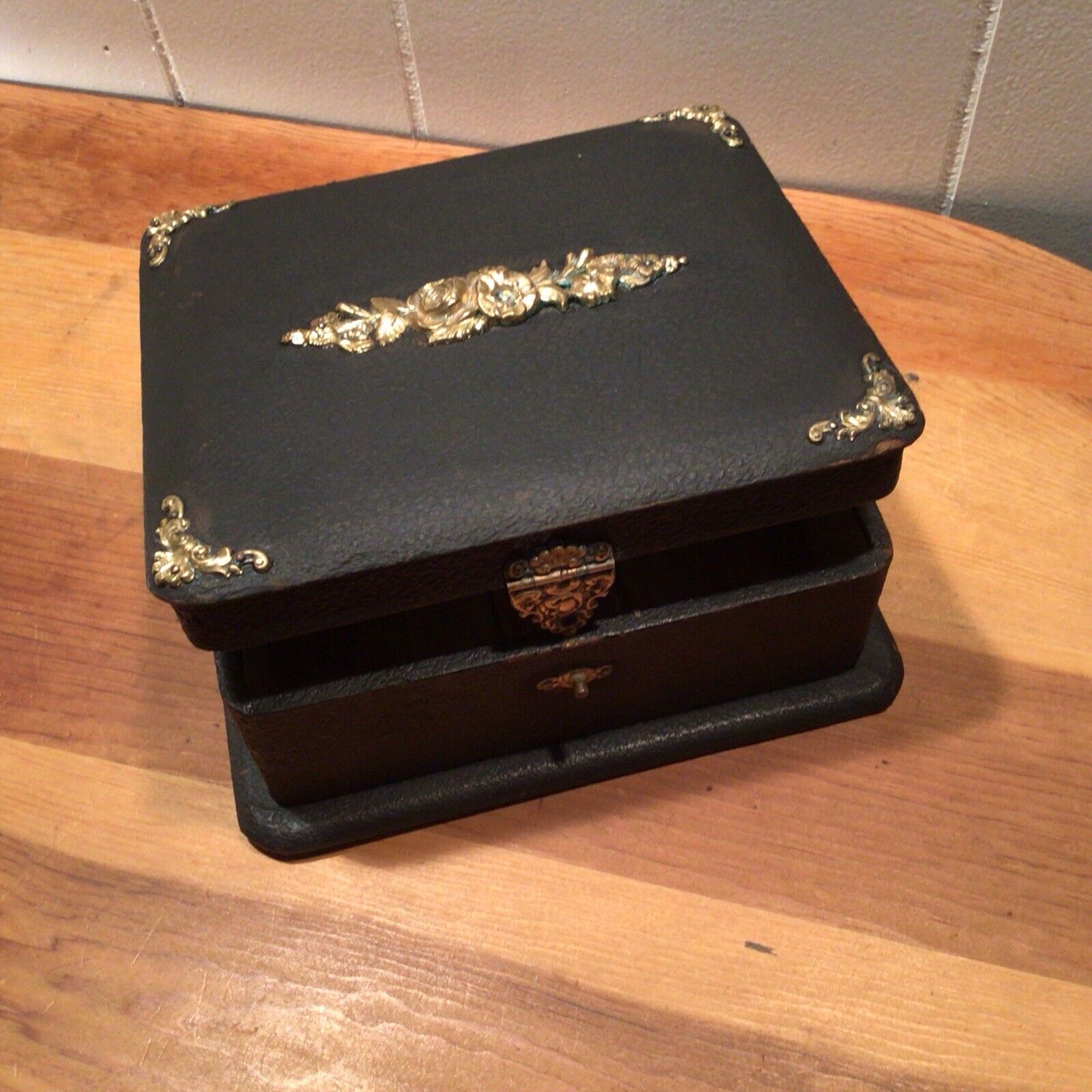 ATQ. 1880’-90’s, Square Wood collar box, Brass Highlights On Black,Silk Lining