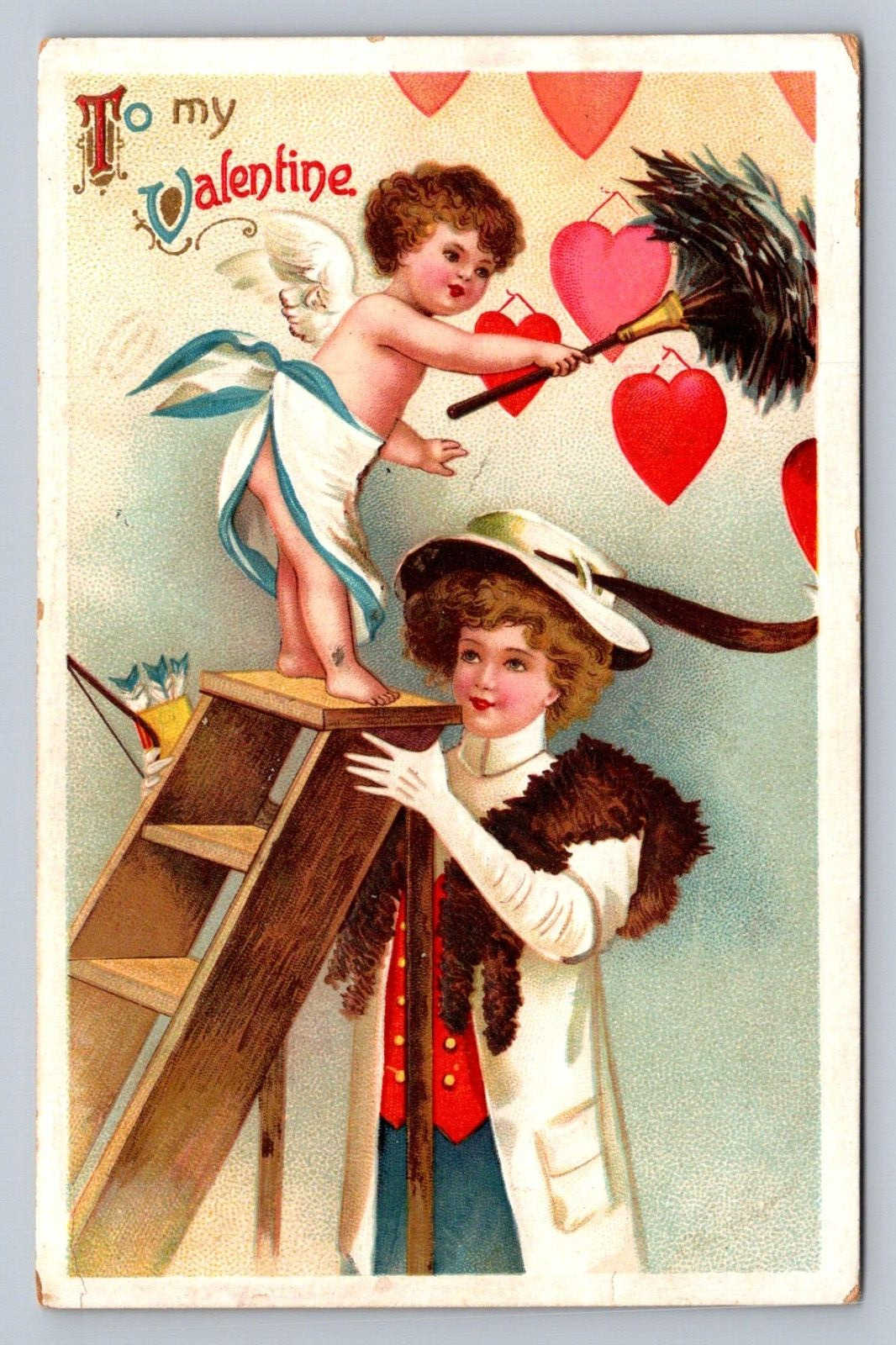 Postcard Valentine To My Love Victorian Lady Cupid Ladder U/S Clapsaddle  E642