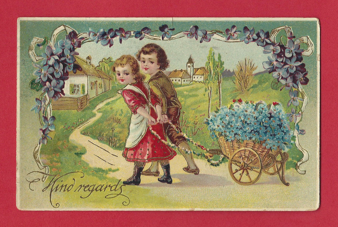 1911 German Vintage GGK Postcard Embossed Children Pulling A Cart With Flowers