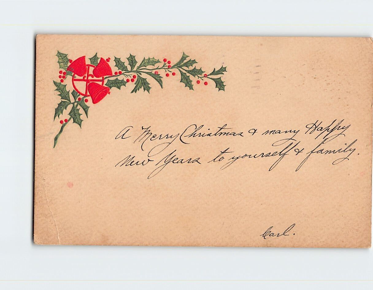 Postcard Christmas Holly & Bells Art Print Embossed Card