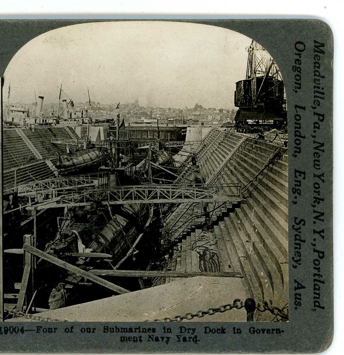 Four of our Submarines Dry Dock Governmernt dry dock Keystone Stereoview c1900