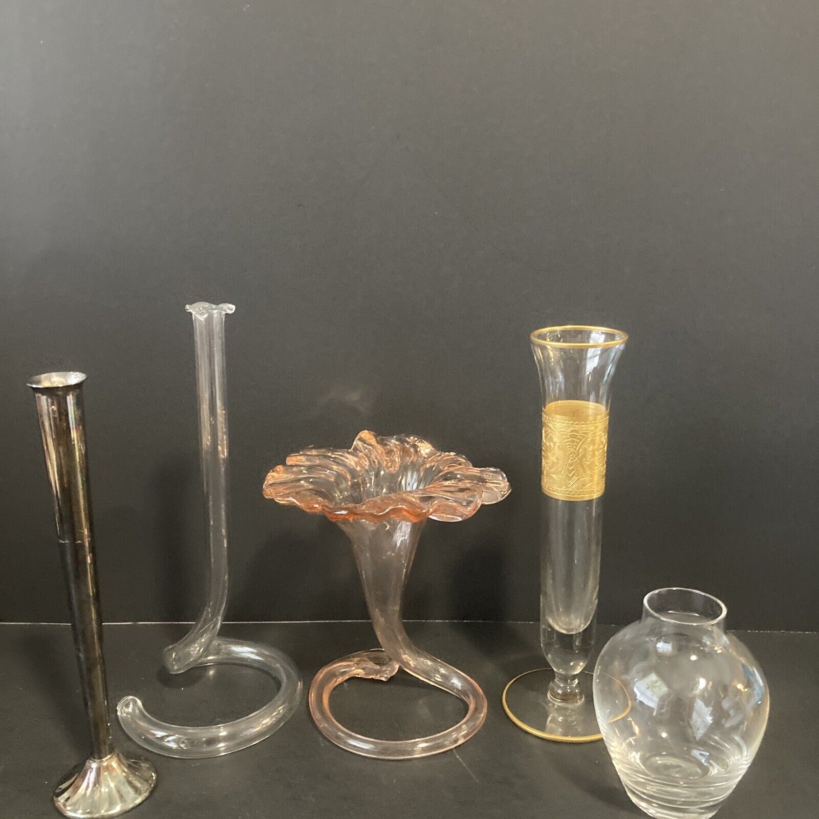 Lot of 5 Vintage Bud Vases Trumpet - Hand Blown glass flute  art deco