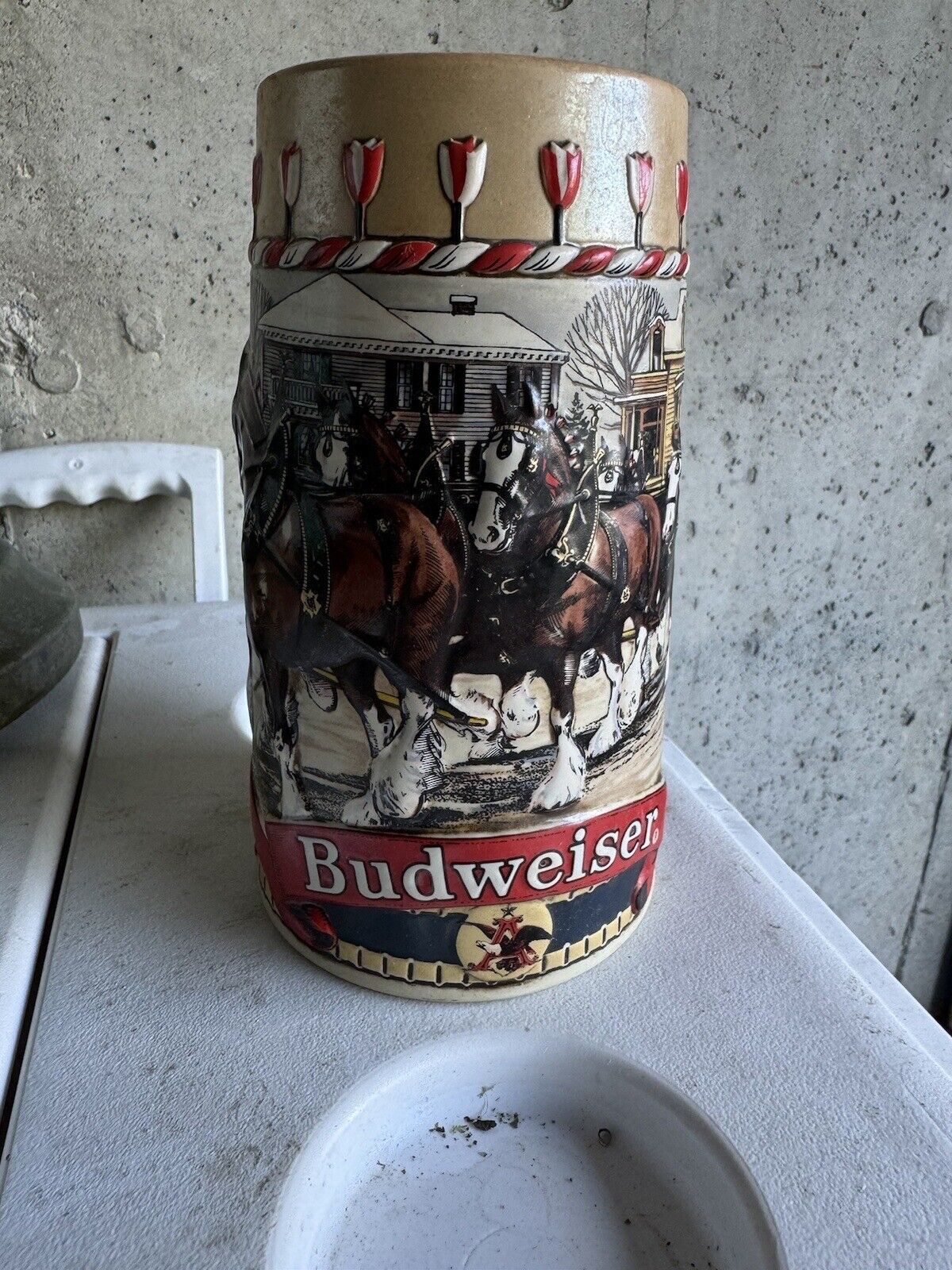 Vintage Budweiser Clydesdales  Holiday Beer Stein Mug Ceramarte B Series 1986