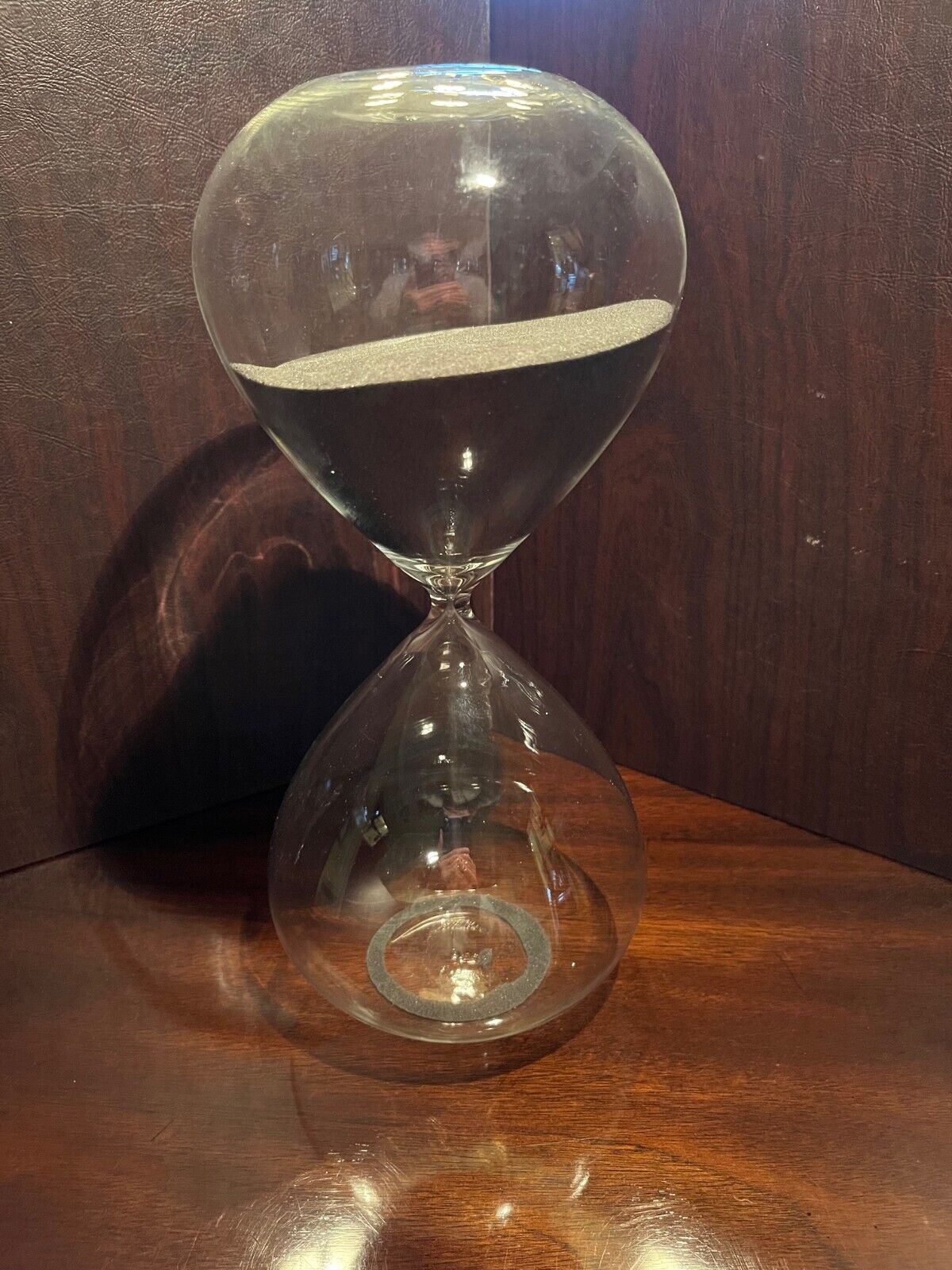 Glass hourglass with black sand. 12 inches tall, 1 hour 20 minute timer