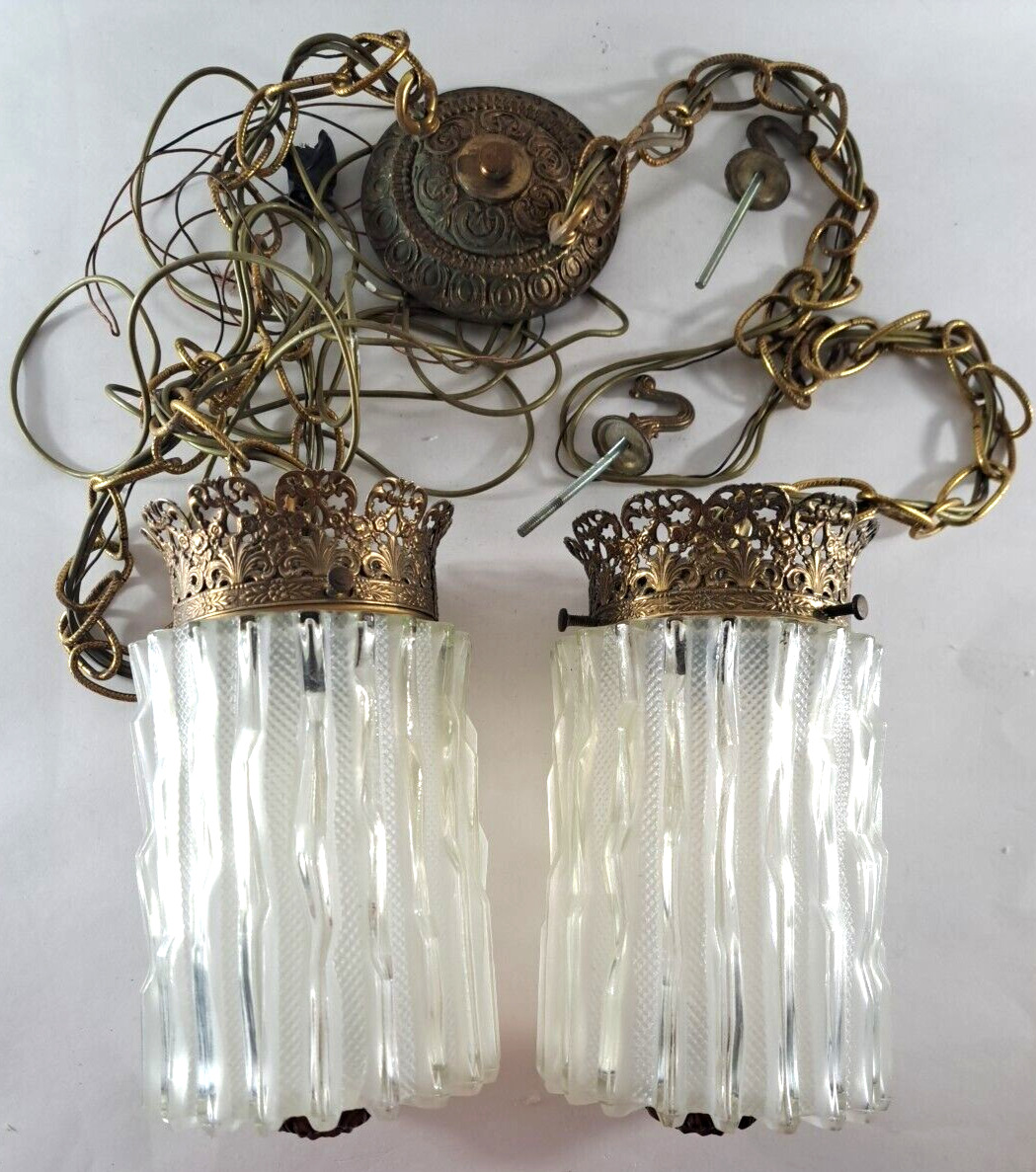 Vintage Ceiling Swag Lights Fixture W Chains Ornate Gold Tone Mid Century