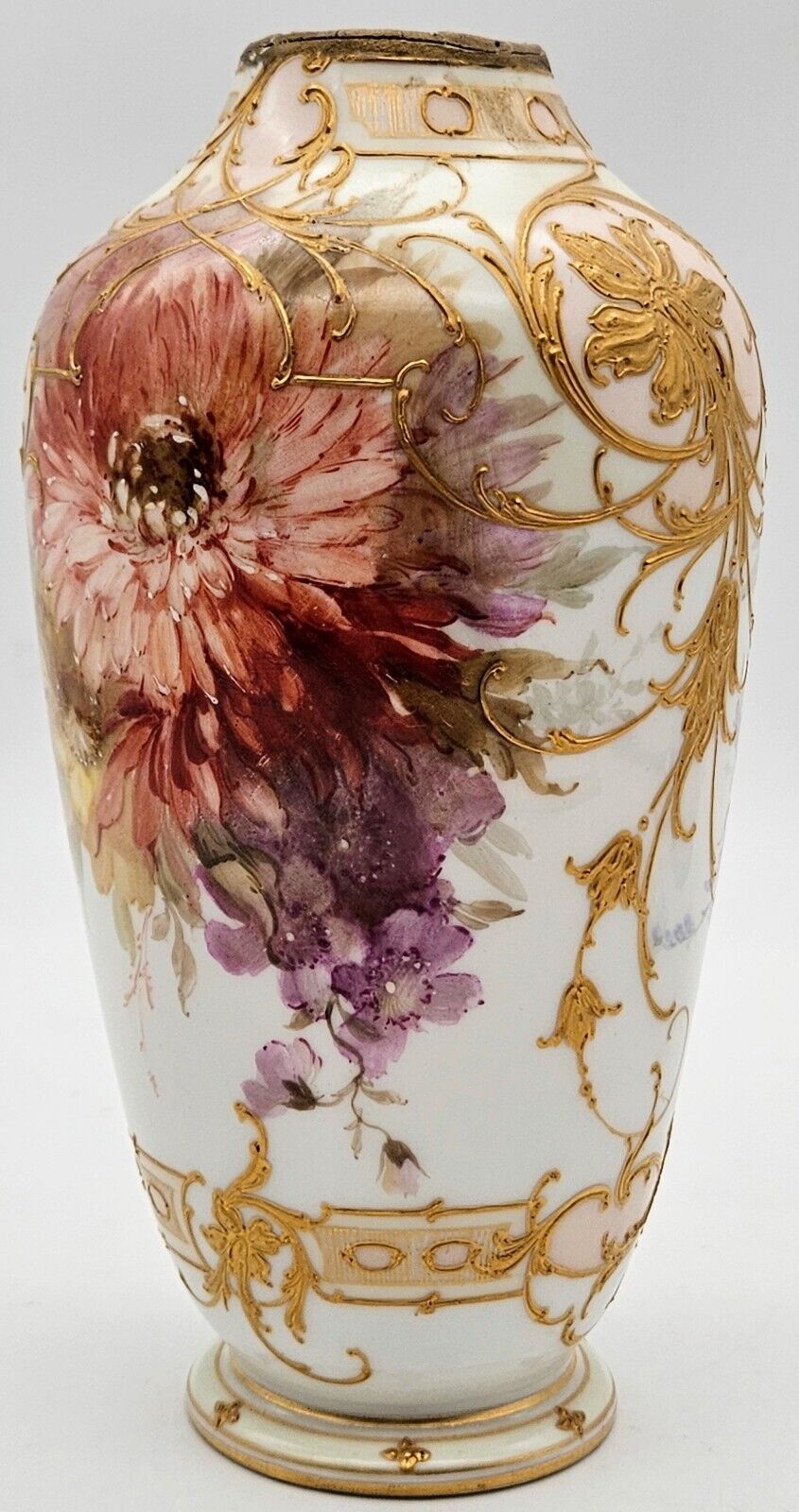 Antique KPM Vase Handpainted Floral Gold Textured Art Nouveau Vase 6 3/4\
