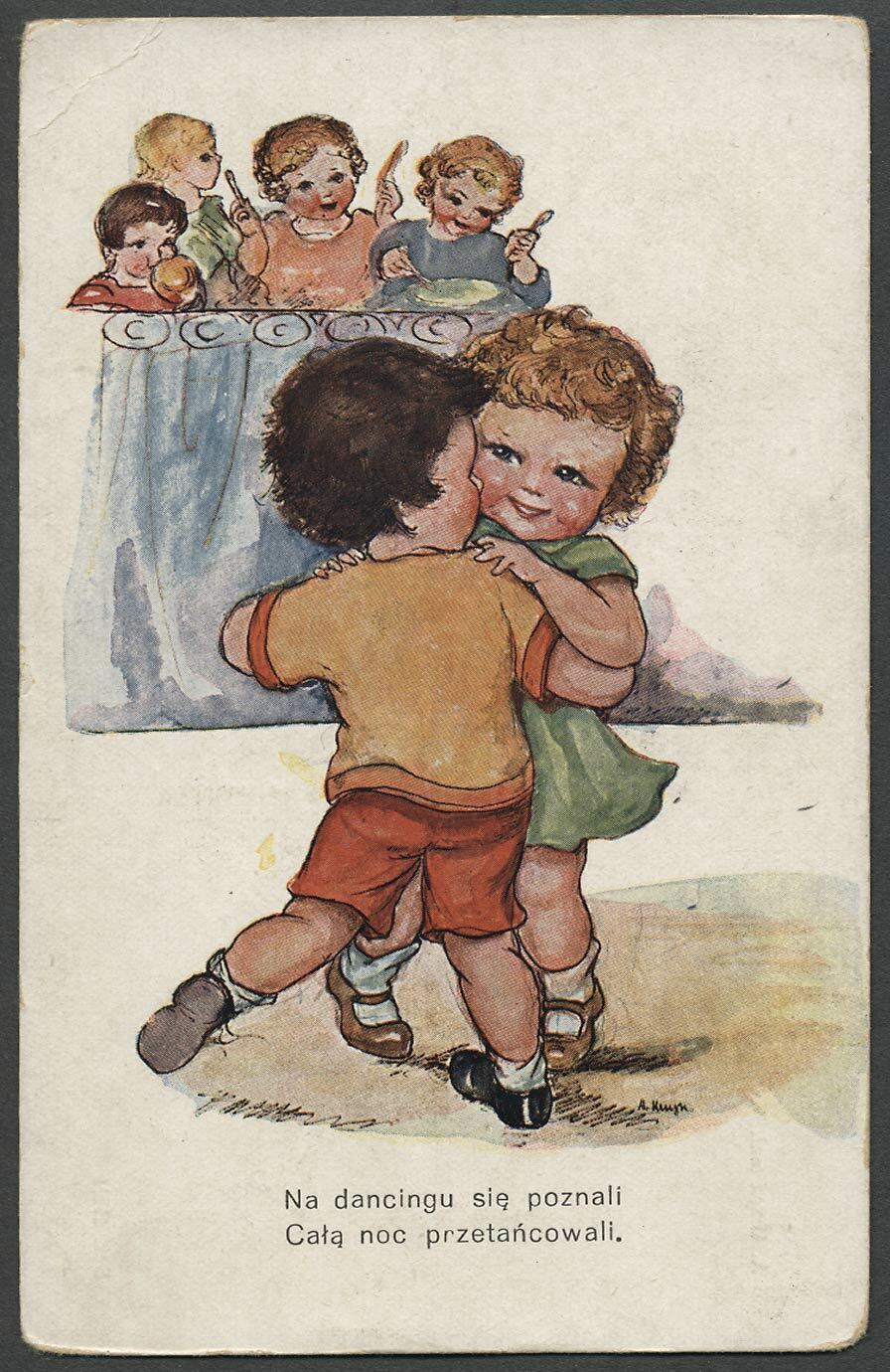 c.1920s? Poland Artist Signed Postcard CHILDREN DANCING with Polish Caption