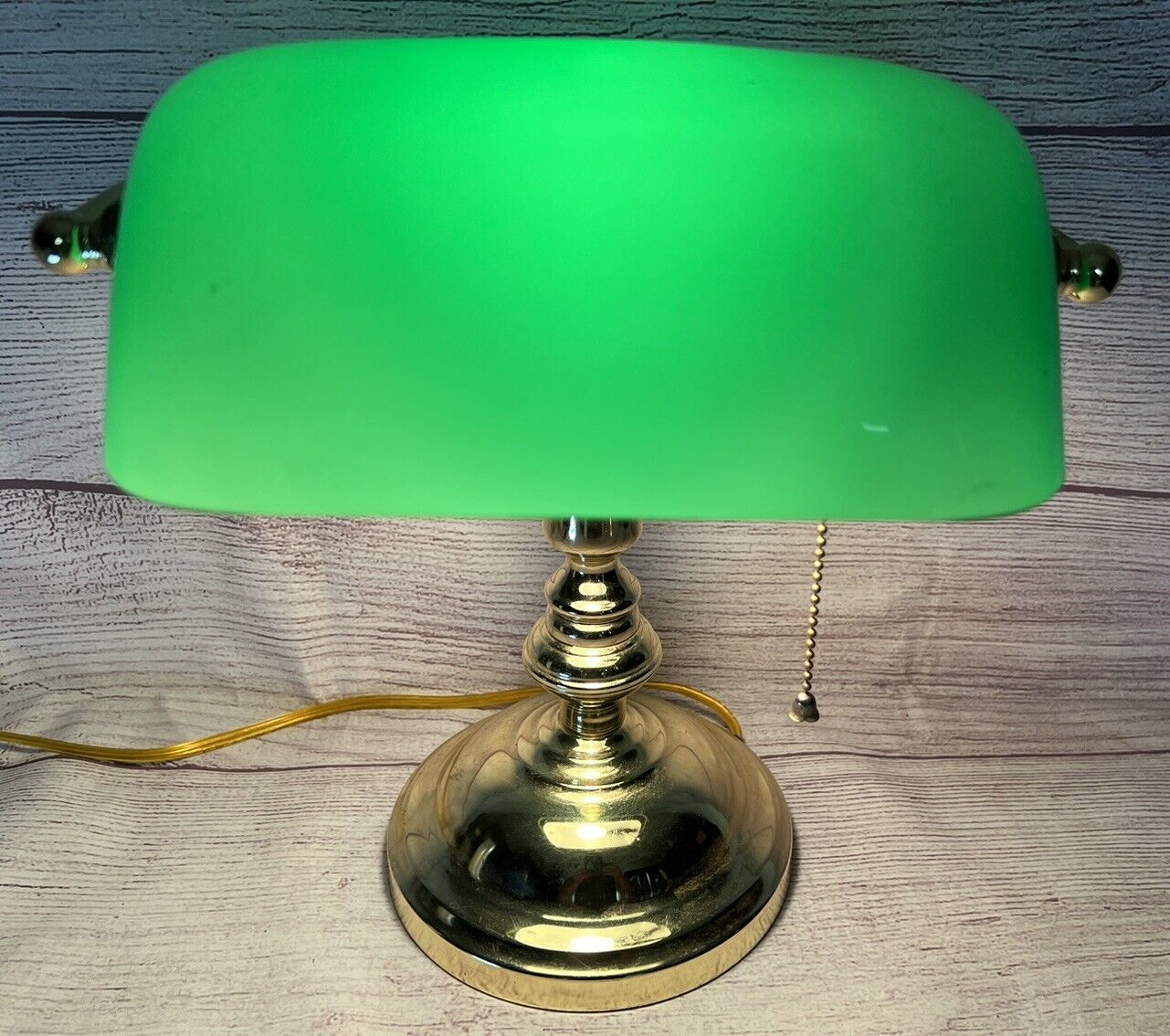 Vintage Banker's Desk Piano Lamp Green Glass Shade Pull Chain Brass Base