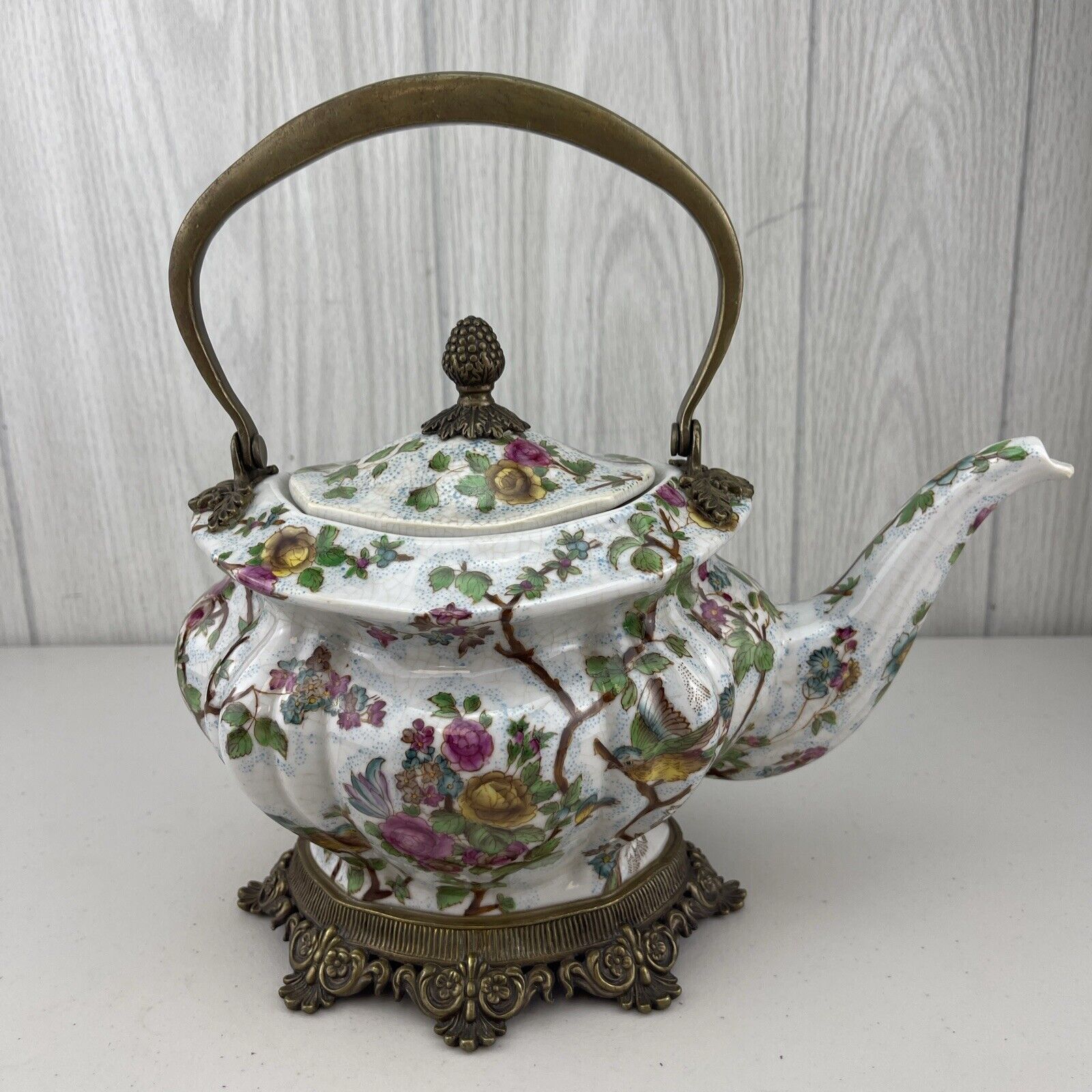 Mark Roberts Porcelain & Bronze Decorative Tea Pot Crackle Glaze Floral Birds