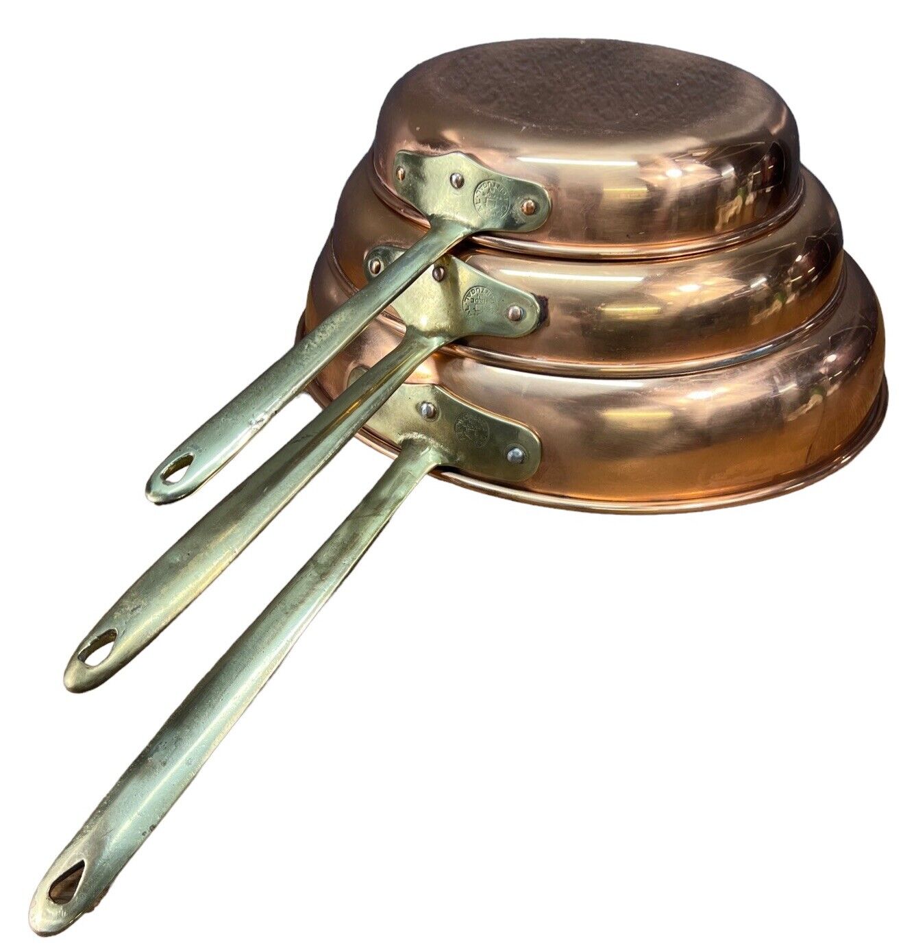 Copral Set of 3 Copper Bottom Brass Handles Skillet Pot Pans Portugal