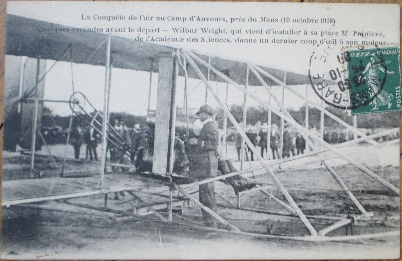 French Aviation 1908 Postcard, Wilbur Wright and Airplane Flyer Biplane, Auvours