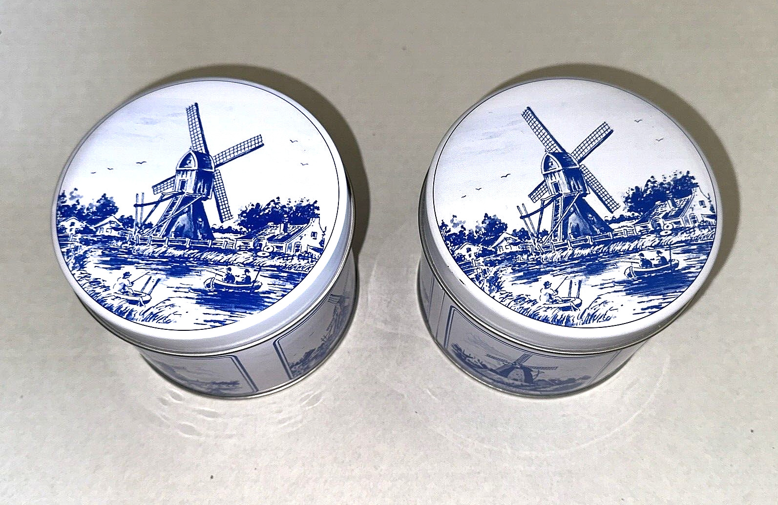 2 Vintage Netherlands Dutch Windmill Cookie Tins Stroopwafels Blue and White