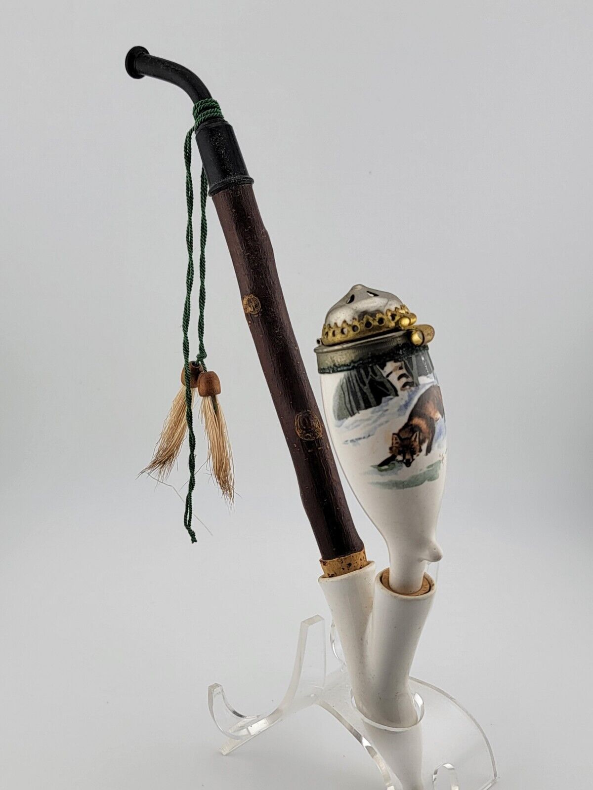 Antique 19 Century German Porcelain Long Stem Smoking Pipe w/Painted Fox In Snow