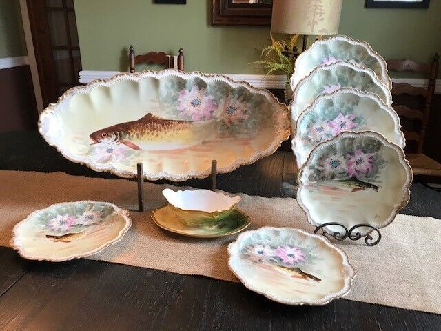 French Antique Limoges Signed Hand Painted Fish Service Set 8 Piece Set