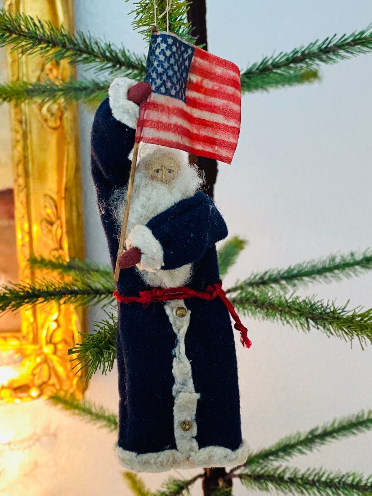 VTG Folk Art Patriotic Santa Claus Fabric Christmas Figurine Handmade Ornament