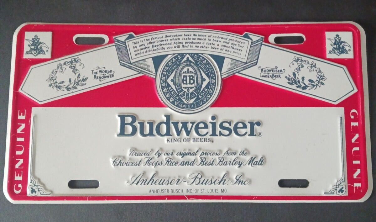 Vintage Anheuser-Busch Budweiser Beer Tin Metal License Plate Sign Red white Blu