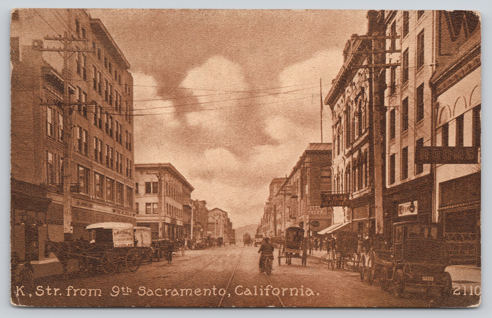 Postcard Sacramento, California K. St. from 9th, Grocer Wagon, Buggies 1916 A301
