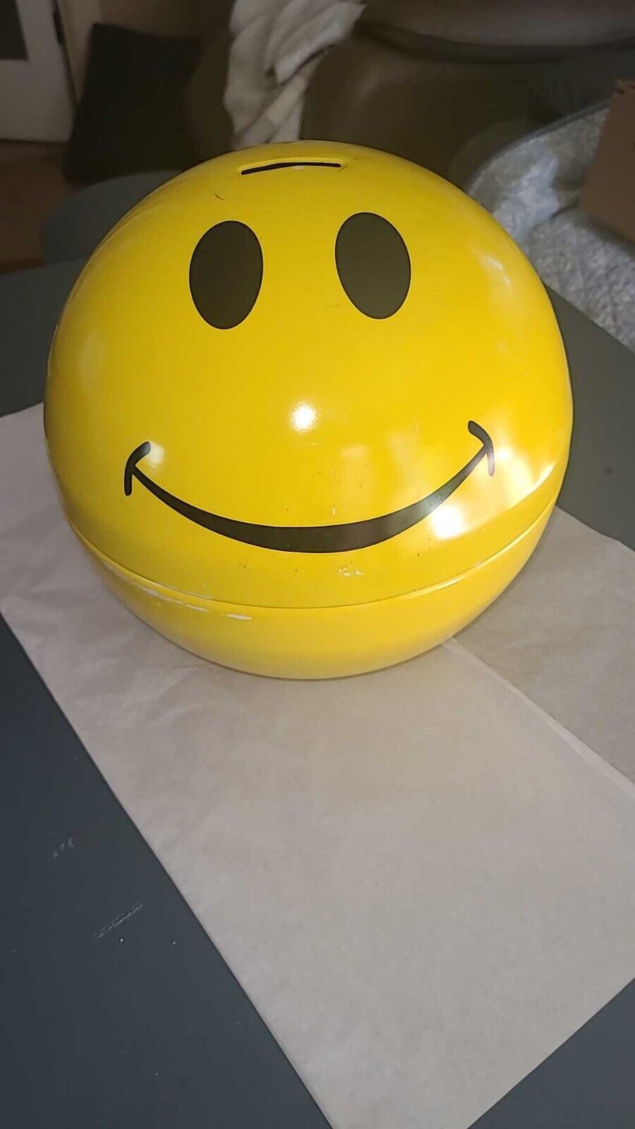 Large Yellow Smiley Happy Face Metal Tin Emoji Coin Money Piggy Bank 9\